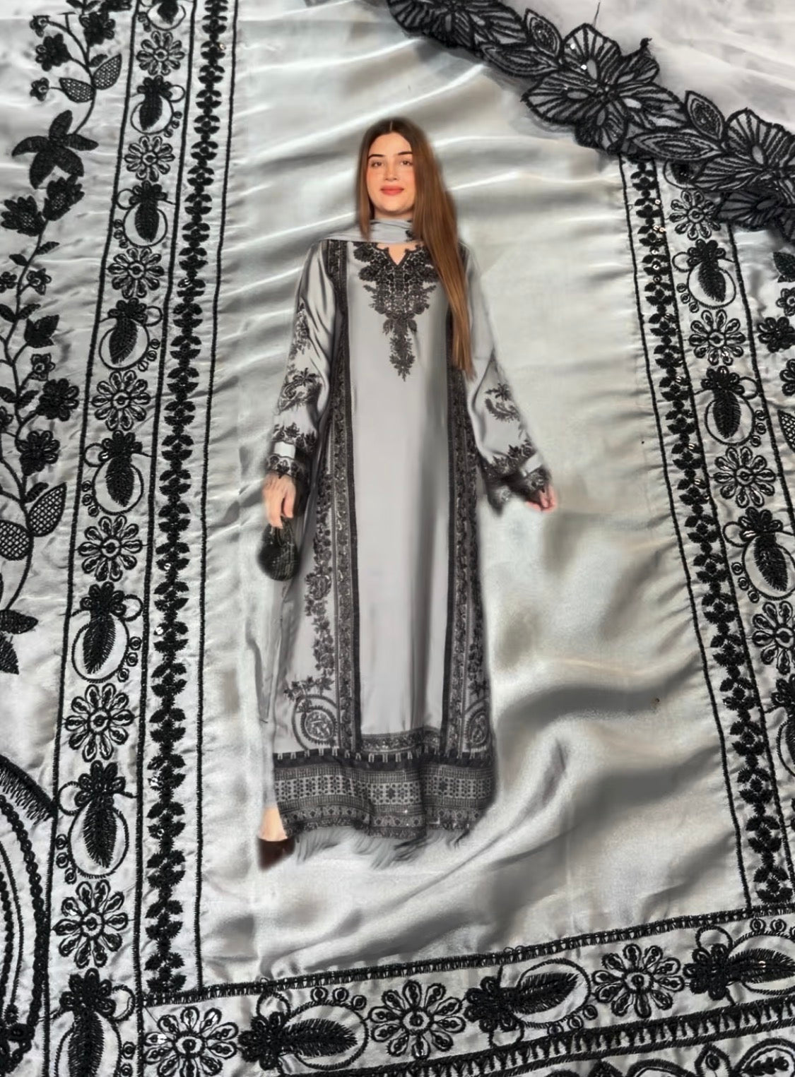 3pcs ZaraShehryar Silk Grey Black Embroidered long lenght