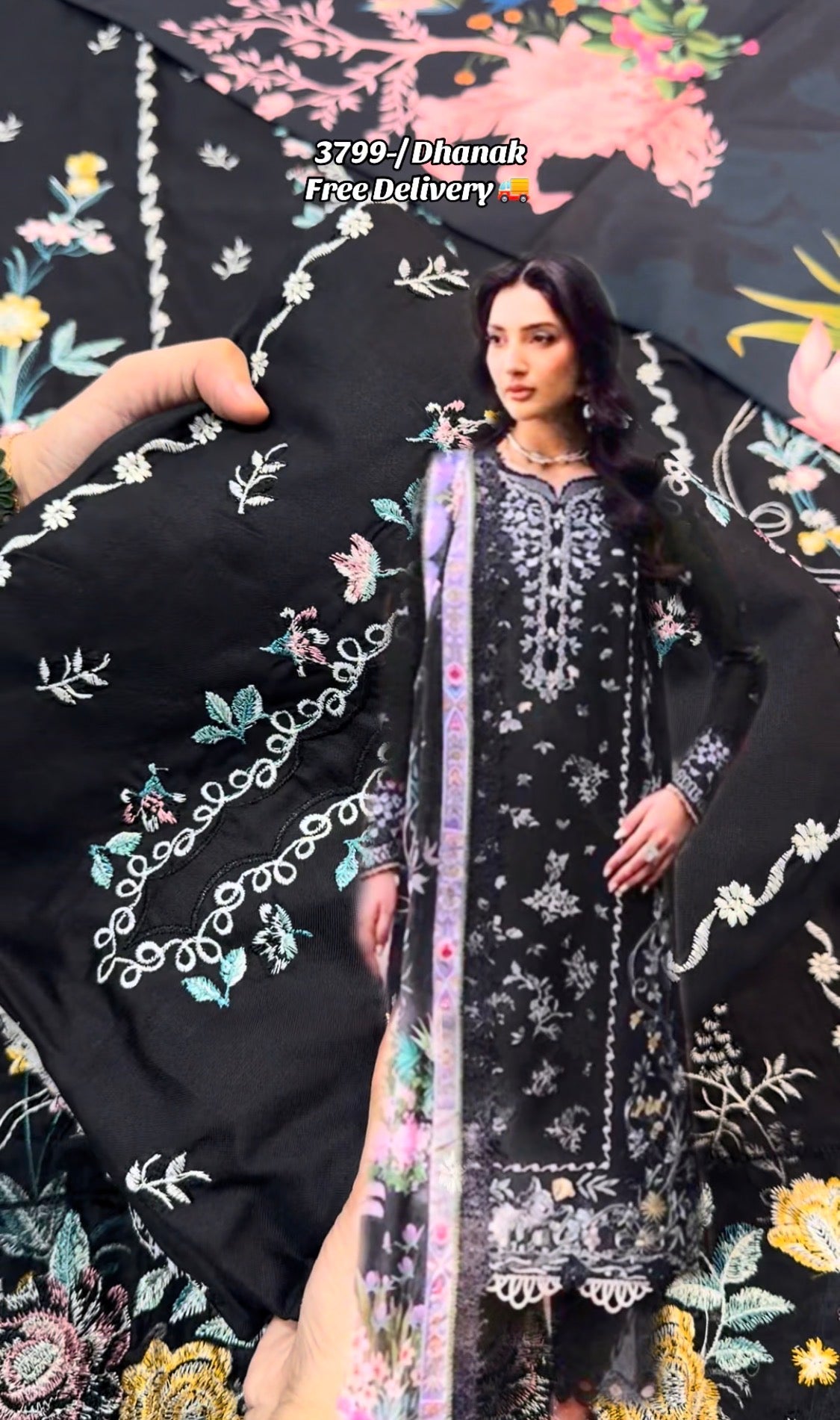 3pcs Women Republic Black Multi Slp Embroidered Dhanak