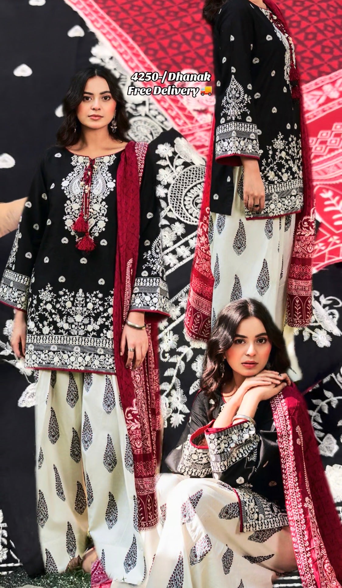 3pcs Black White Batik Keri Trouser Embroidered Dhanak