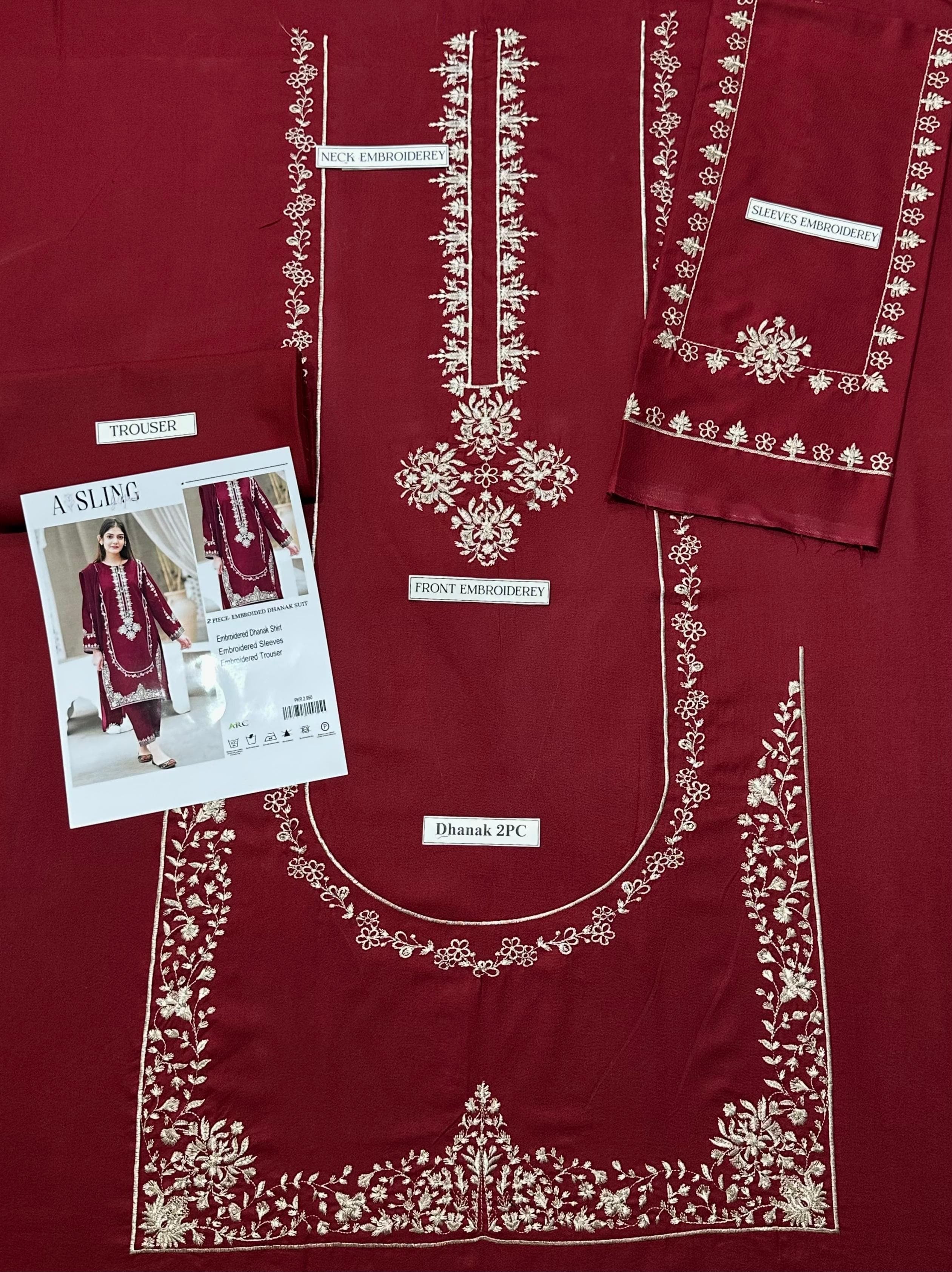 2Pcs Embroidery Dhanak asling mehroon