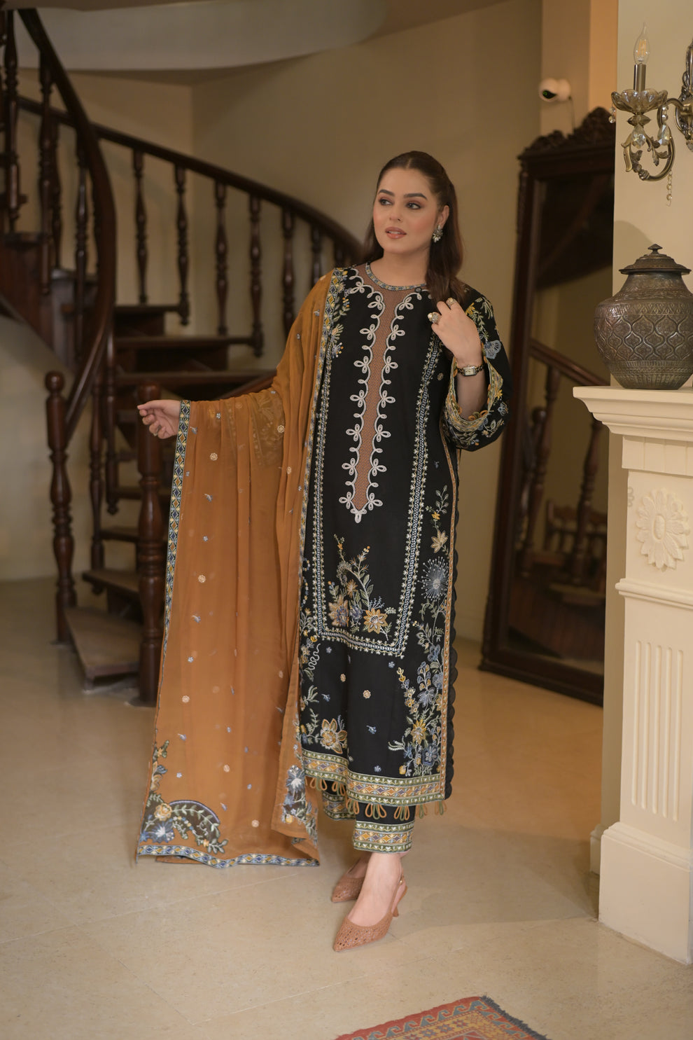 3pcs Aneelas Black Mustard Dhanak Embroidered