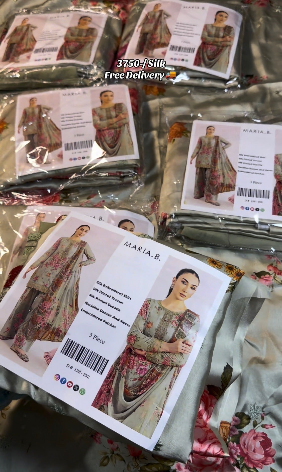 3pcs Maria B Silk Embroidered with print