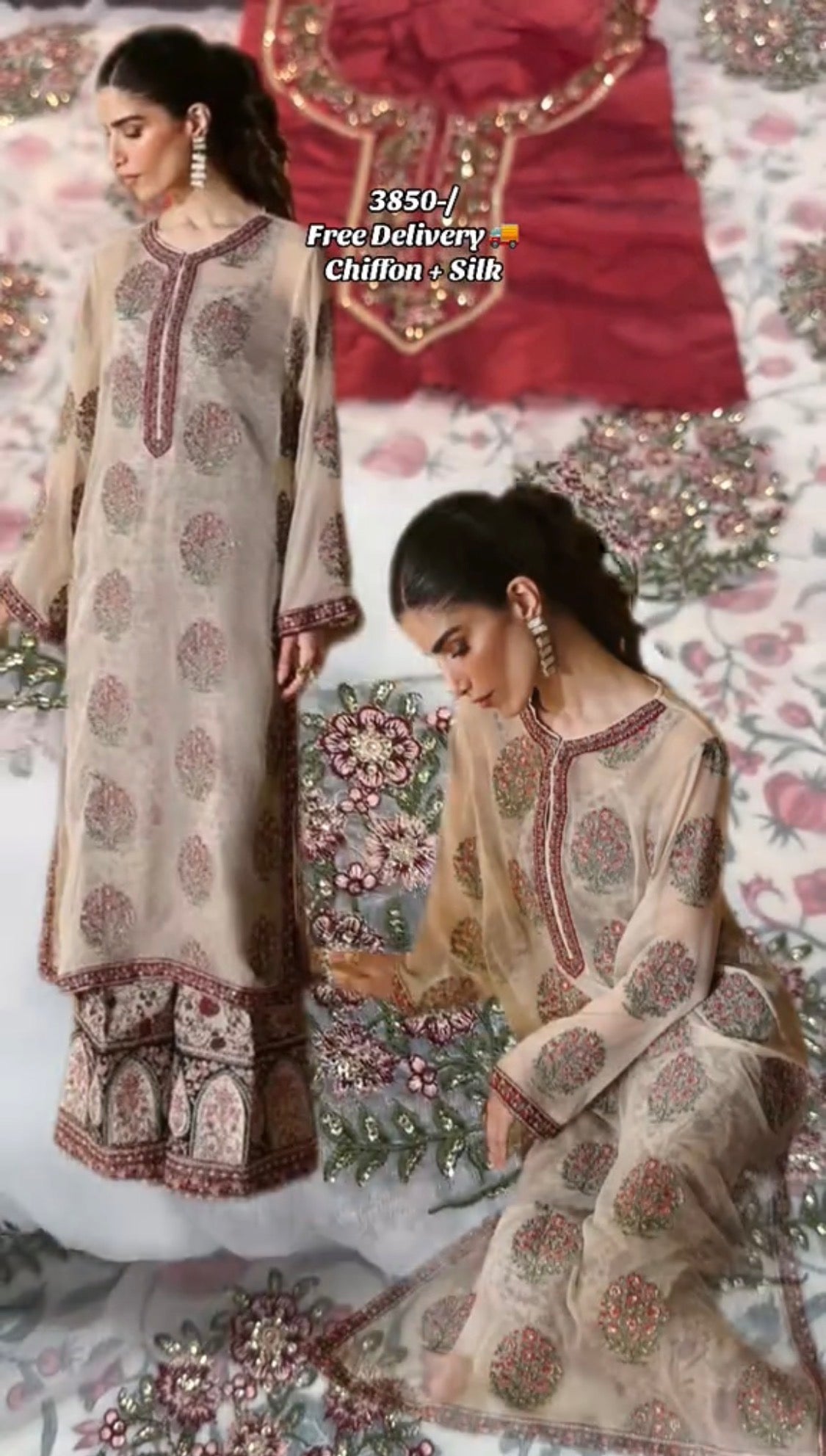 2pcs Chiffon + Silk Ethnic Embroidered Luxury