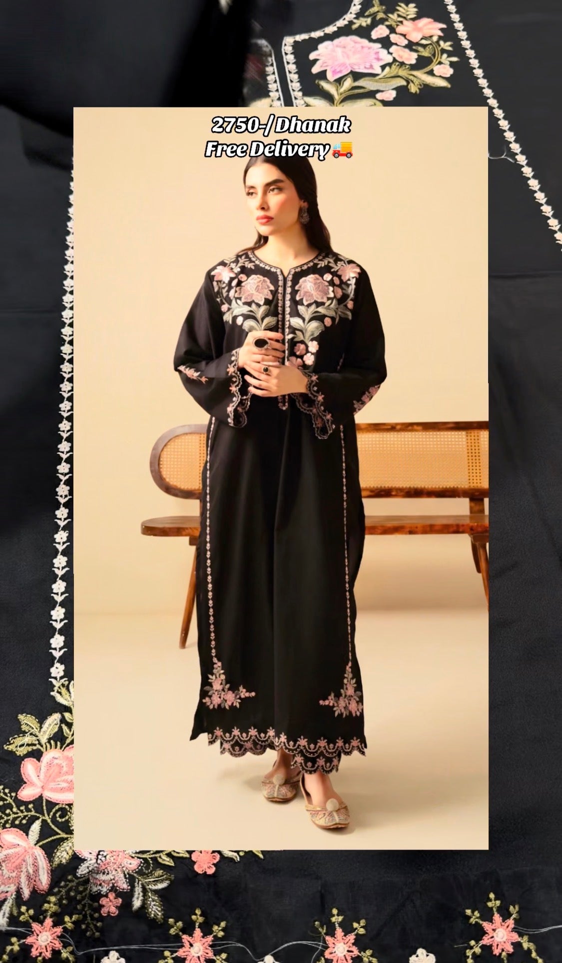 2pcs Dhanak Black Preetpret Brand Embroidered
