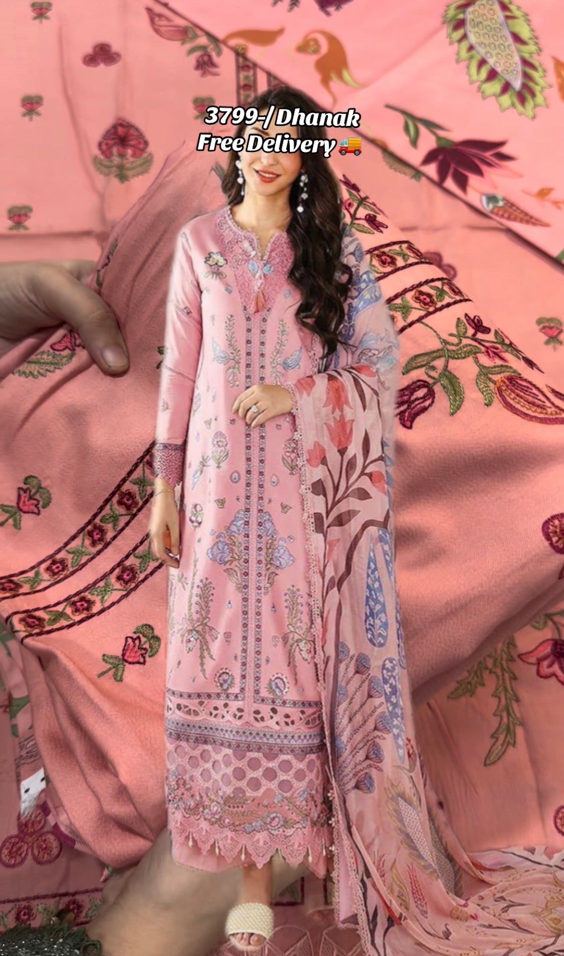3pcs Roheenaz Peach Pink Embroidered Dhanak