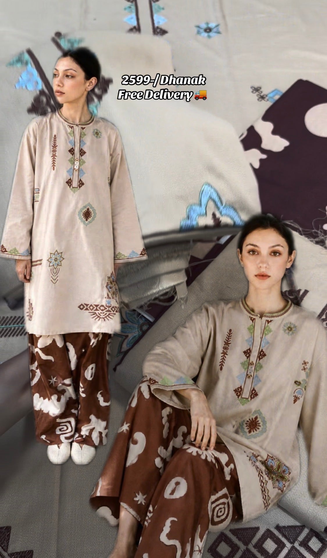 2pcs Ethnic Coffe Brown Dhanak Embroidered Genz