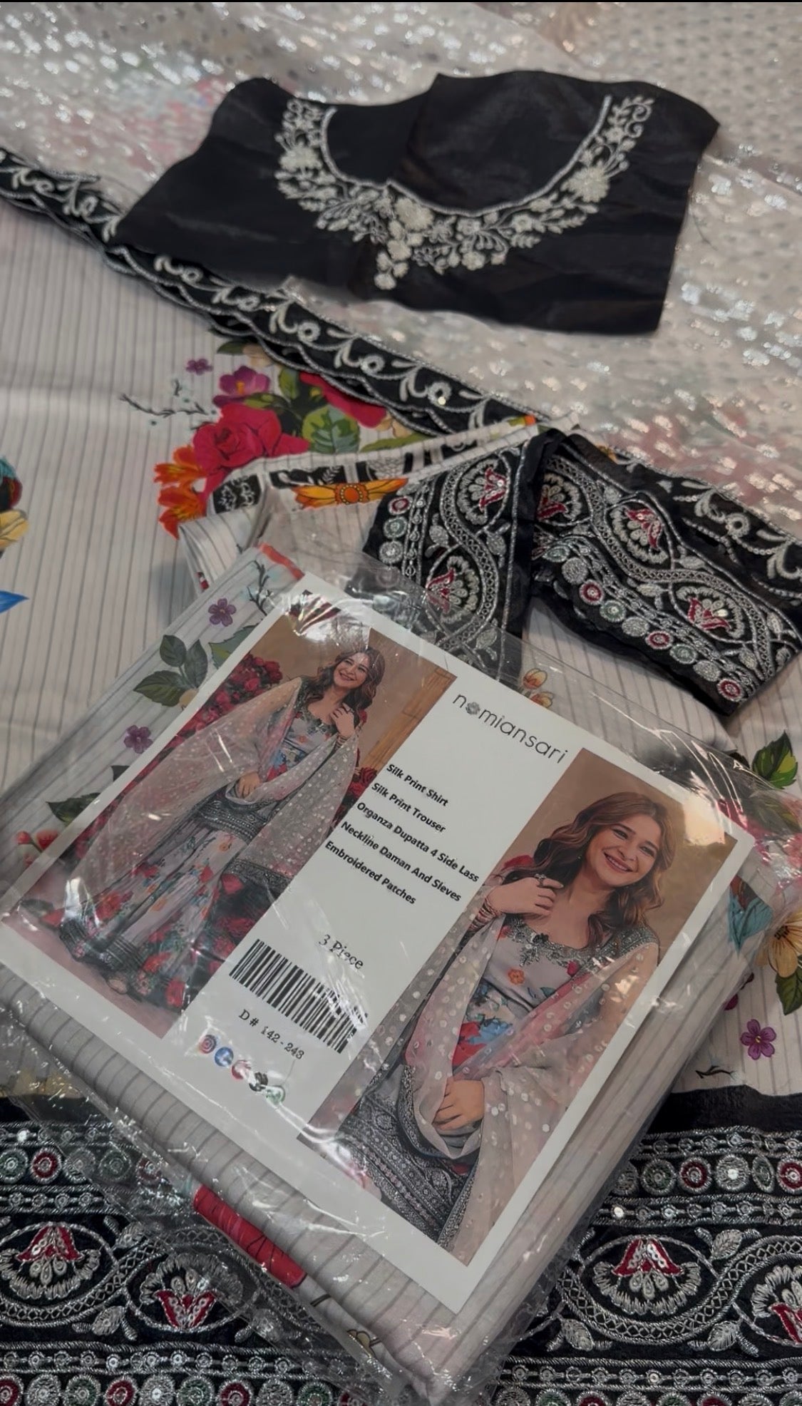 3pcs Silk Grey Nomi  Ansari Embroidered