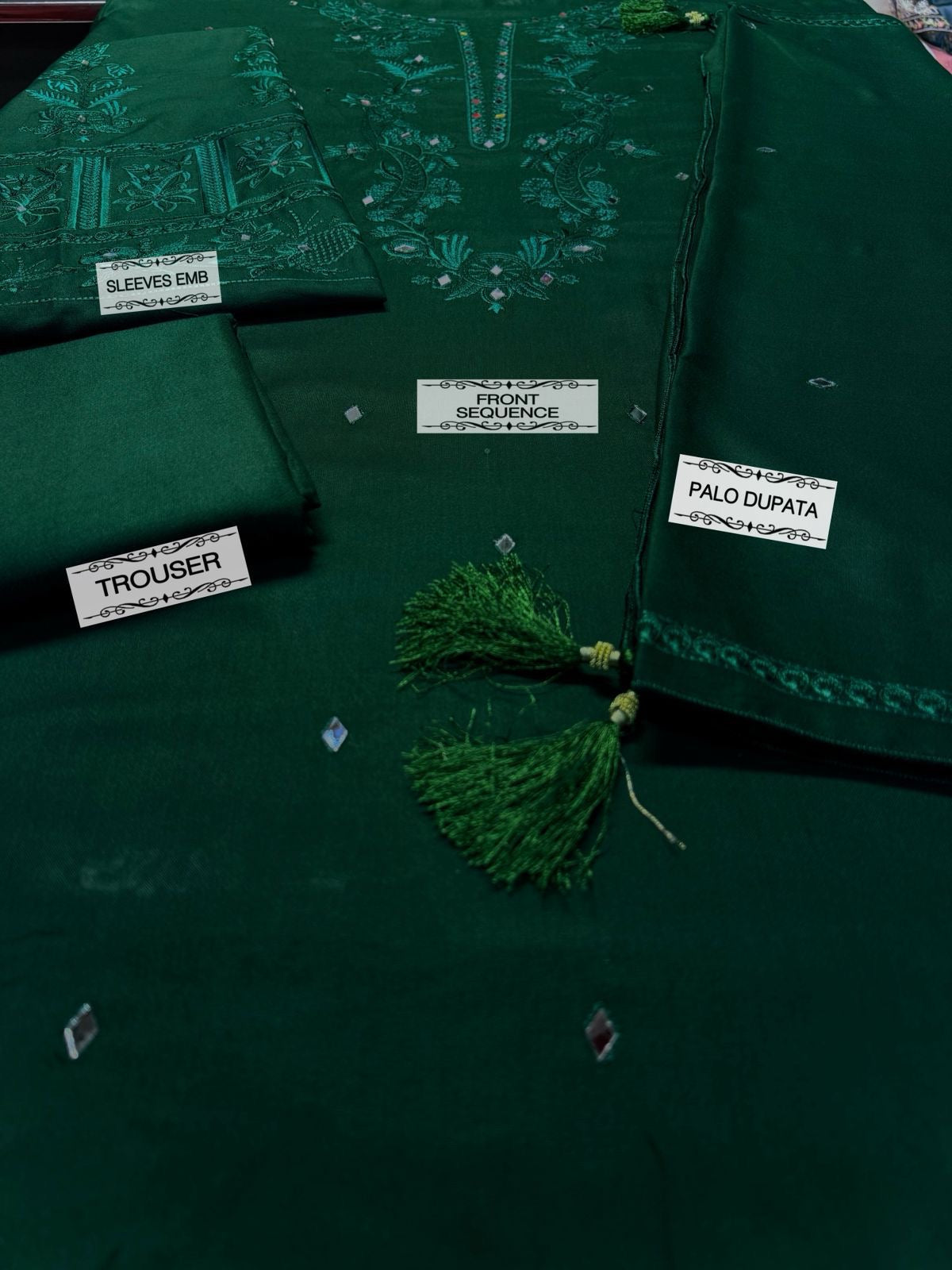 3pcs Vanya Green Dhanak embroidery