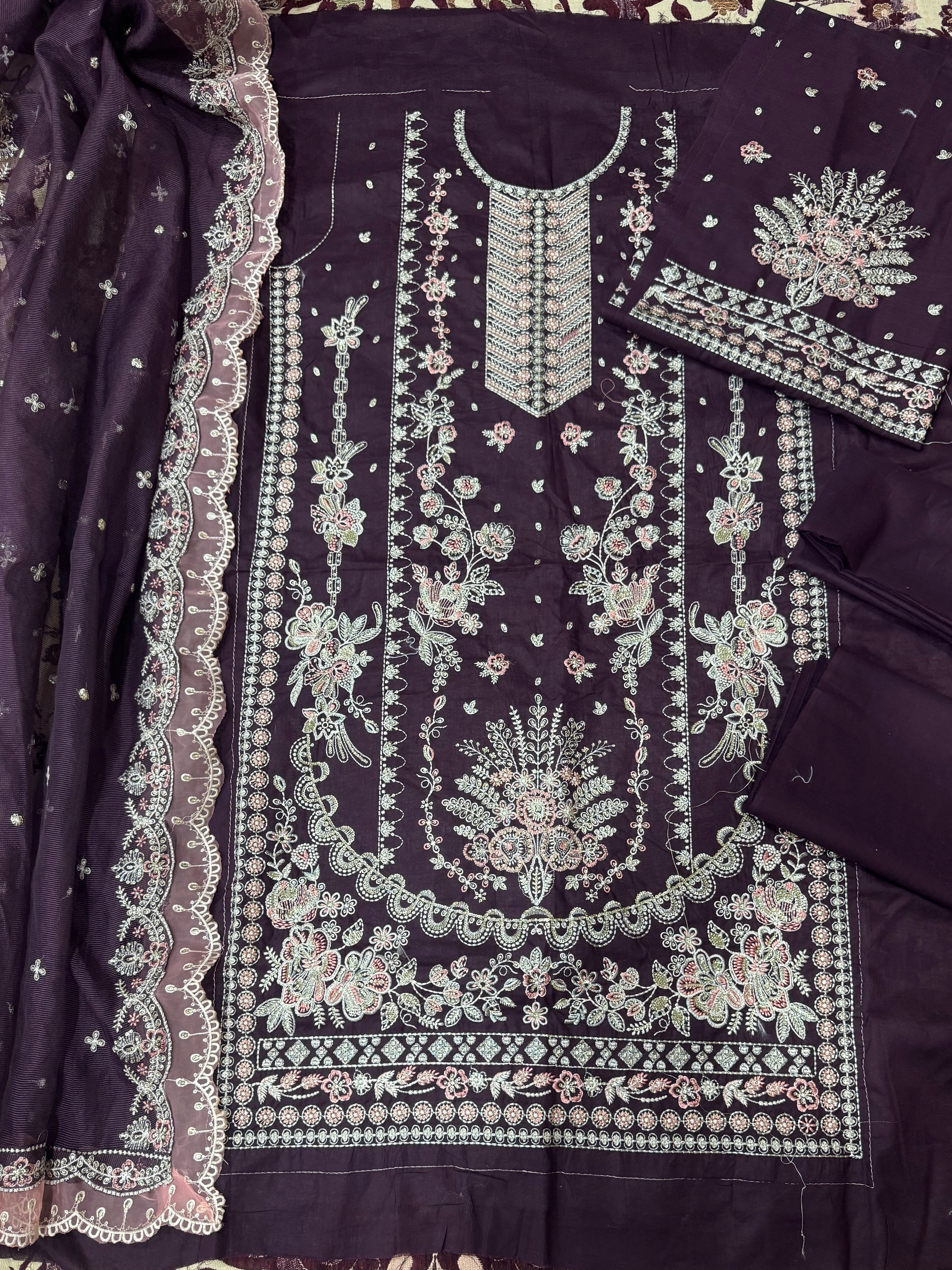 3pcs lawn Aneelas purple with peach putti dupata