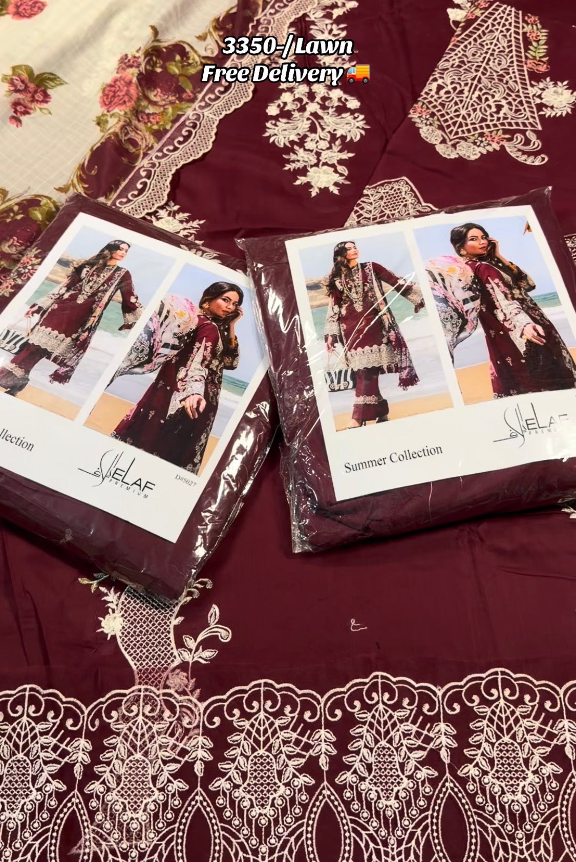 3pcs Elaf Mehroon Emb lawn