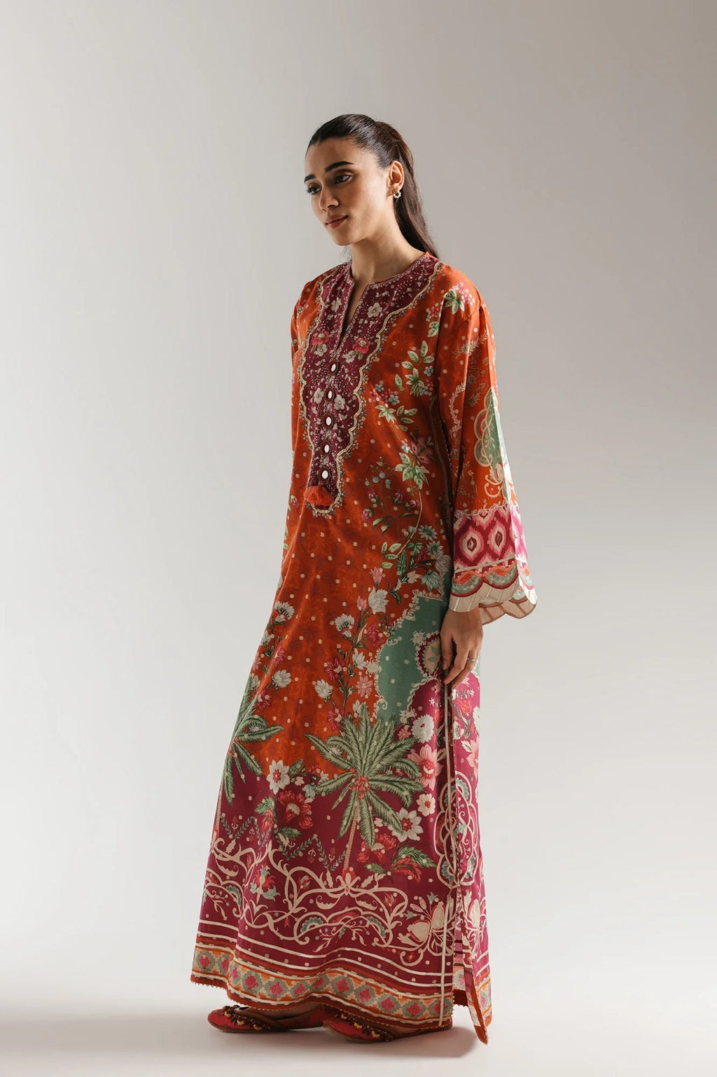 2pcs Ethnic Orange Multi Silk Printed Long Kaftan