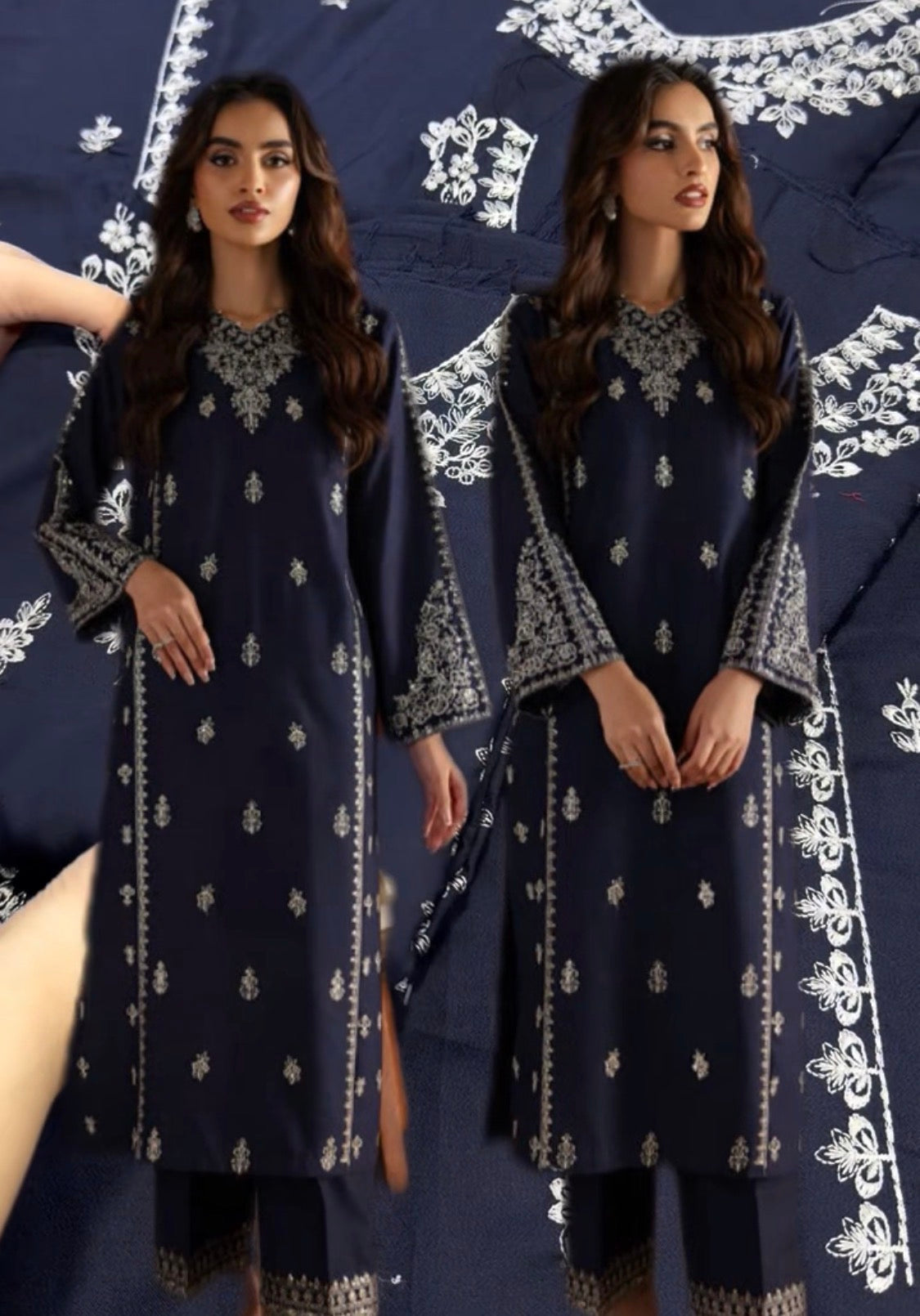 2pcs Laam Royal Blue Embroidered Dhanak