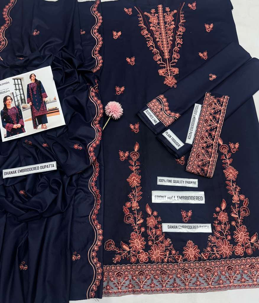3pcs Dhanak Embroidered Jazmin new dark blue