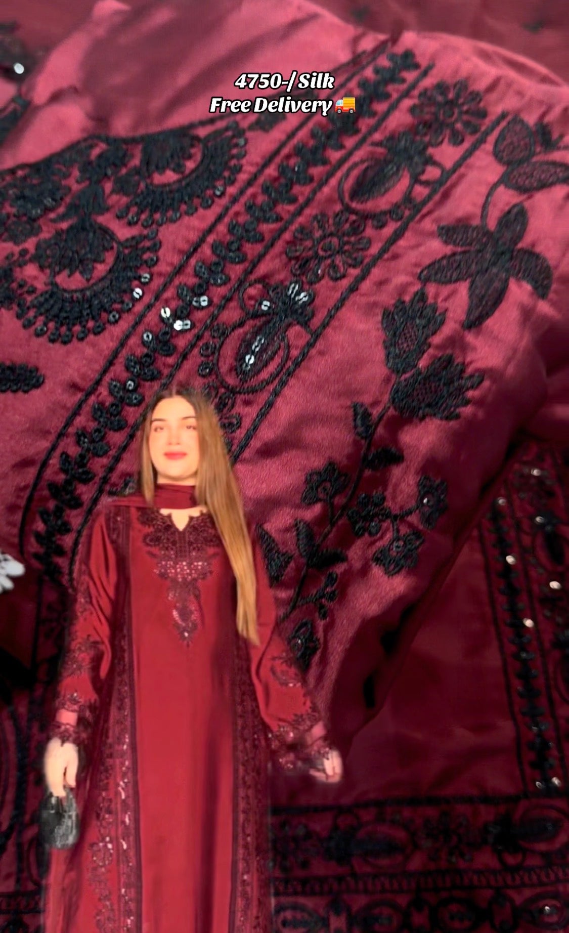 3pcs Mehroon Black Zara Shehryar Embroidered Silk Long Length