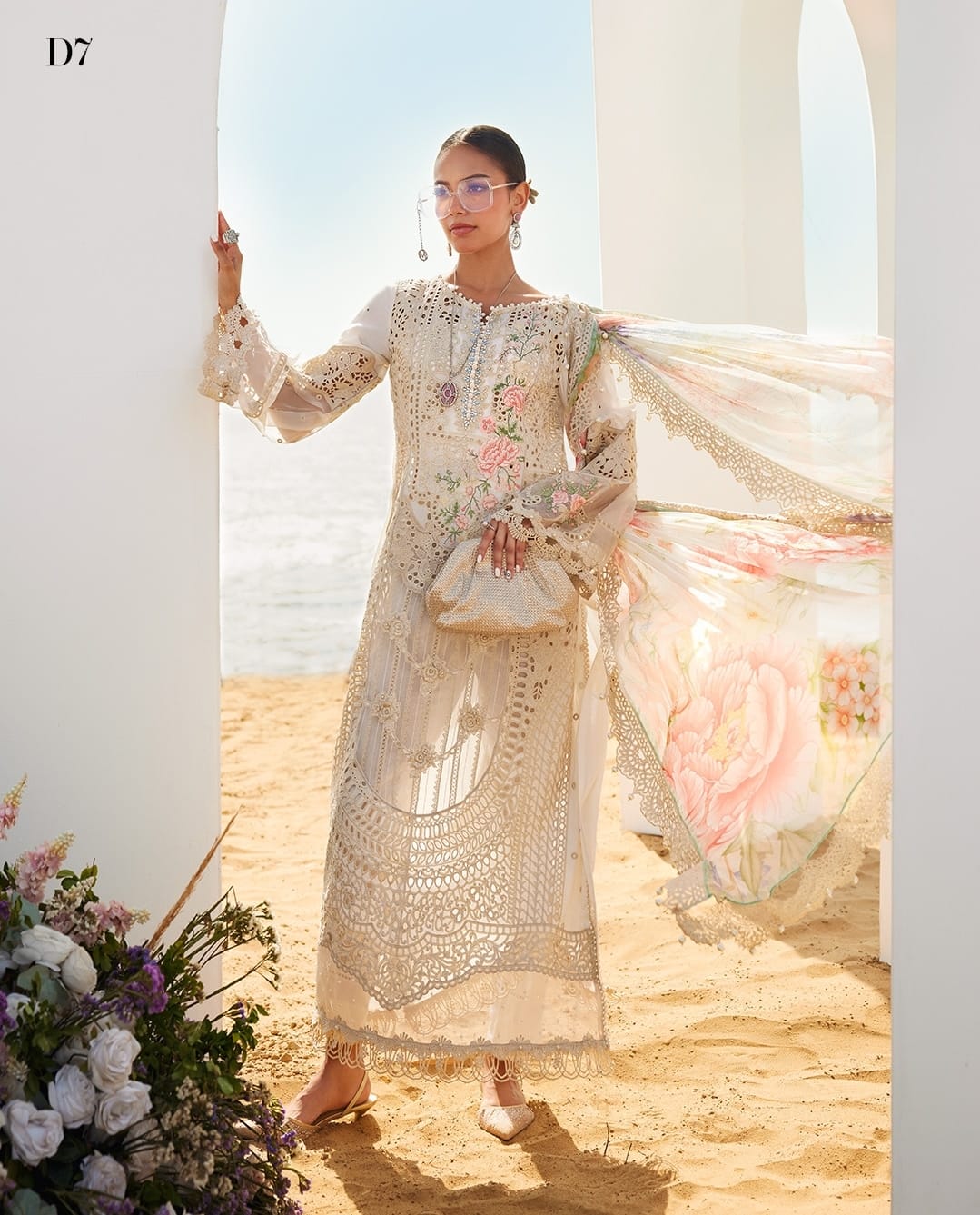 3pcs MB Lawn luxury off white with silk dupata