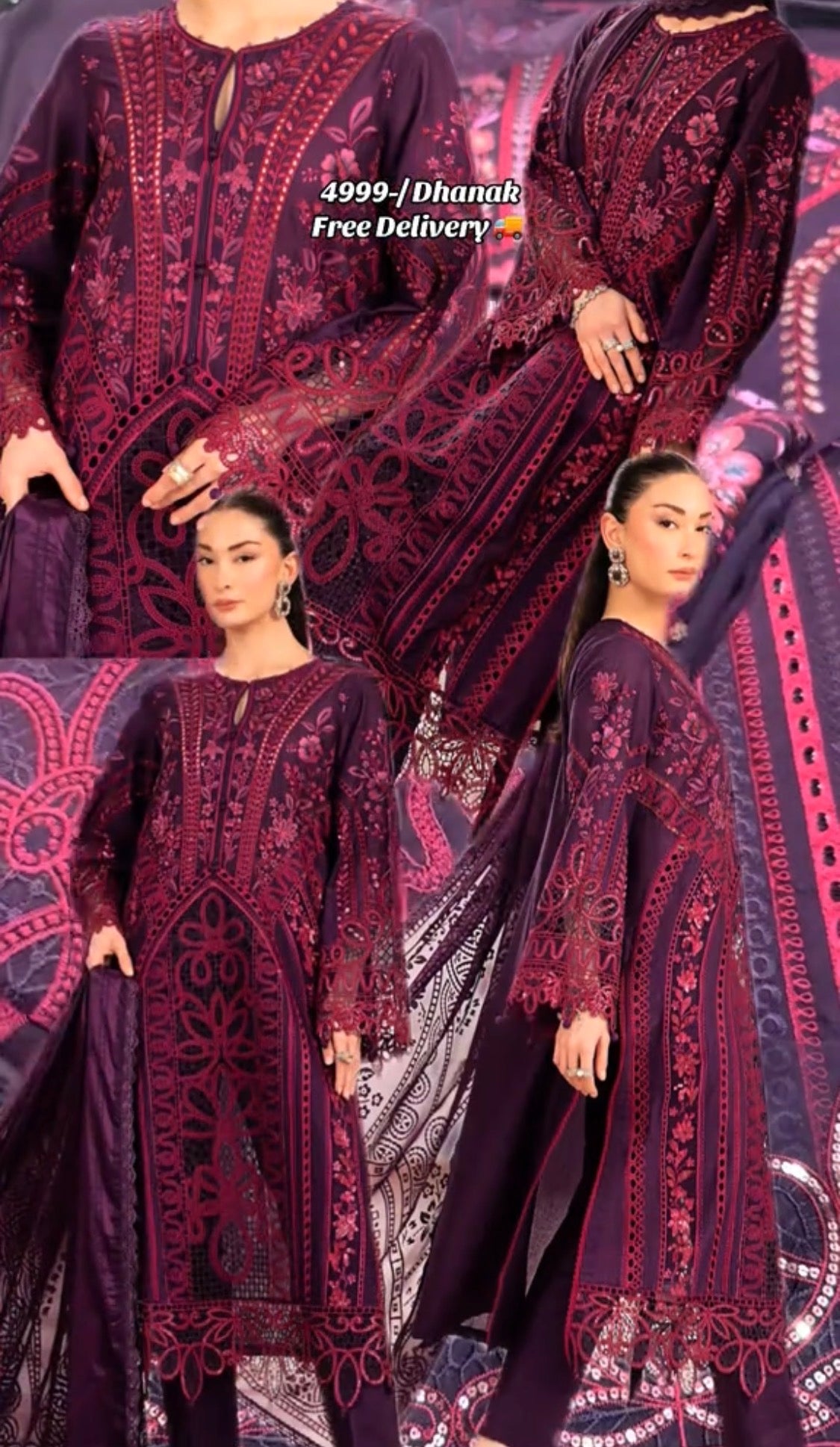 3pcs MariaB plum Embroidered Dhanak