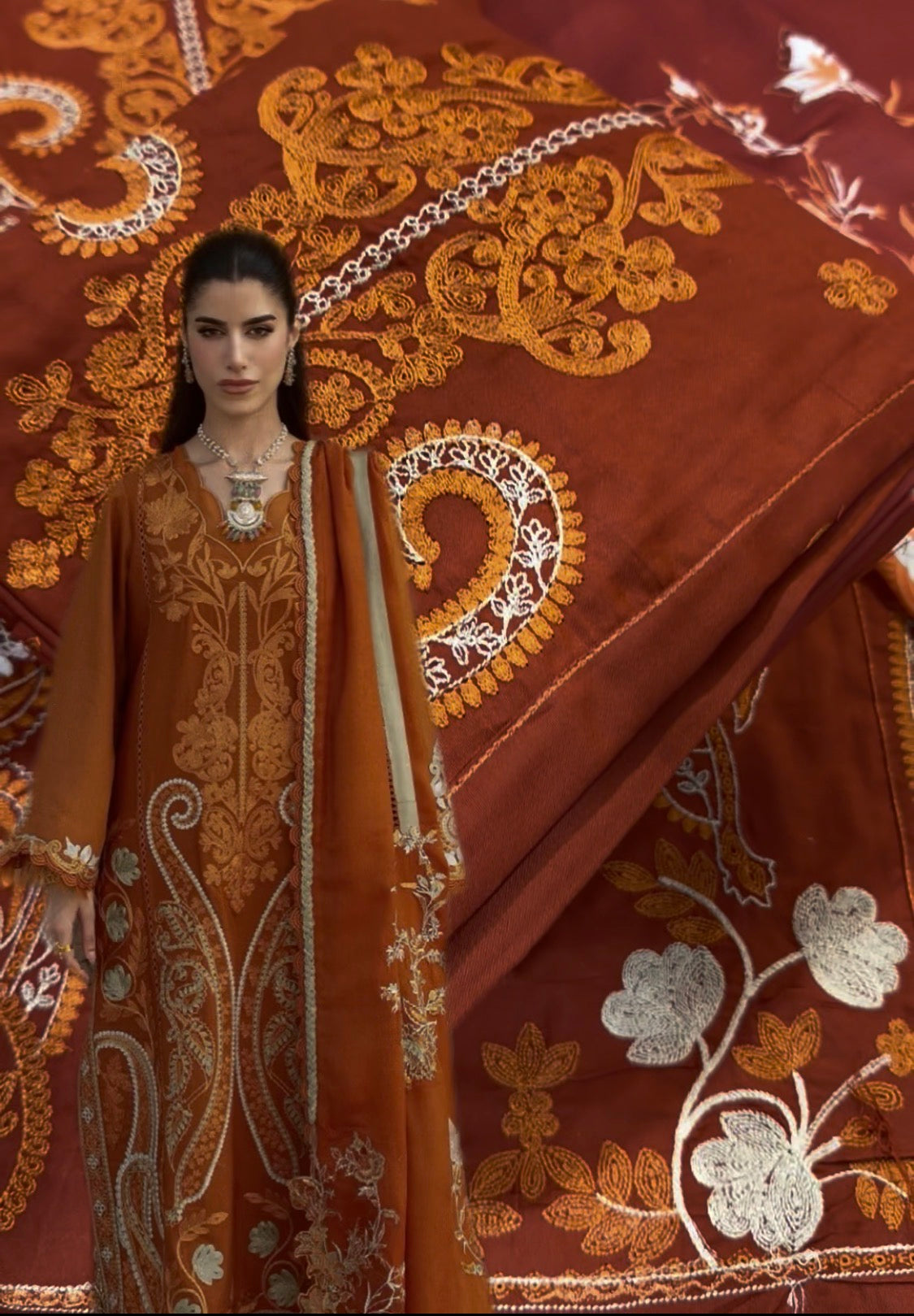 3pcs Saira Shakira Orange Ari Embroidered Dhanak