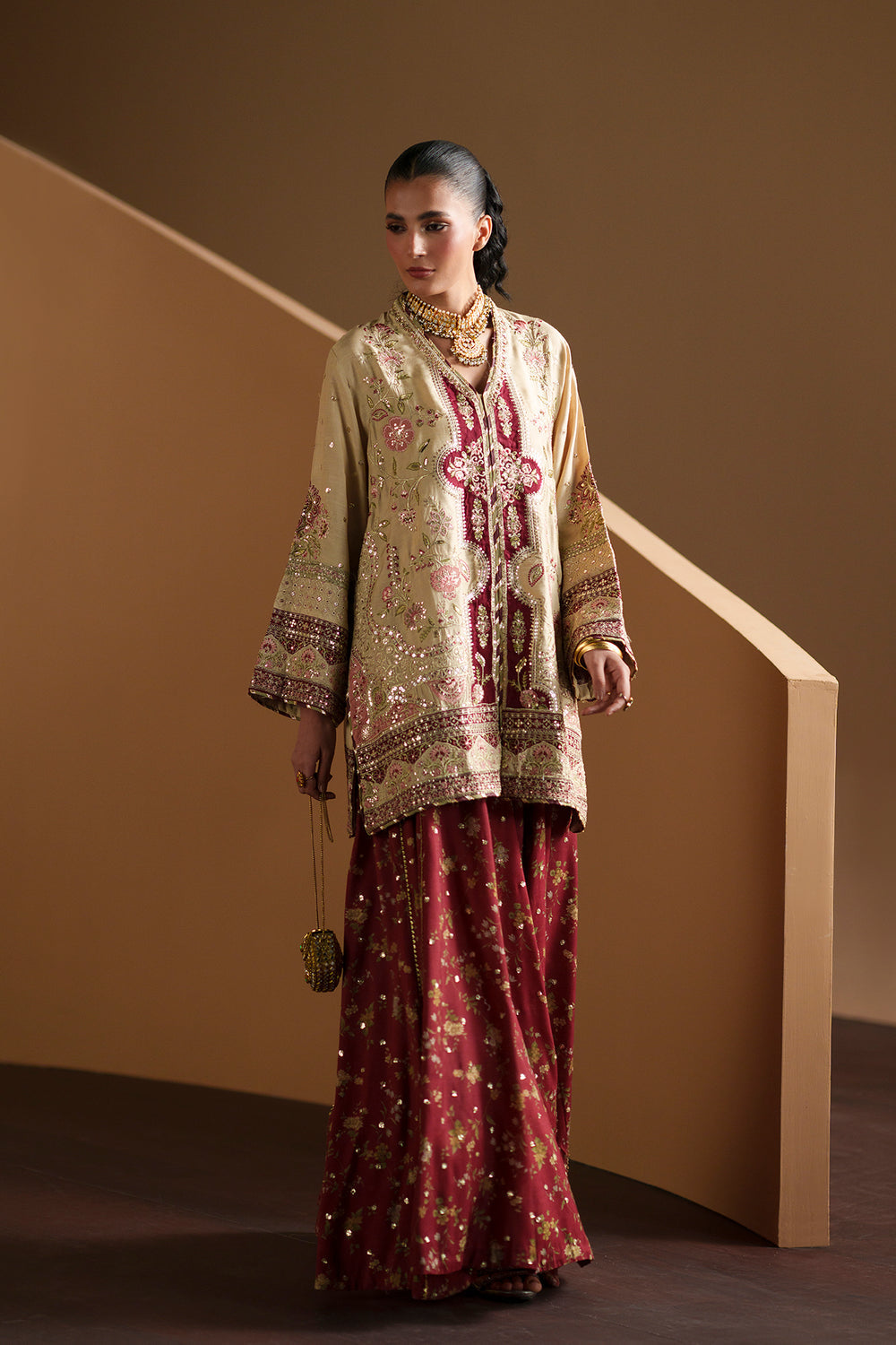 2pcs Velvet Ethnic Open Gown Style Camel Brown Mehroon