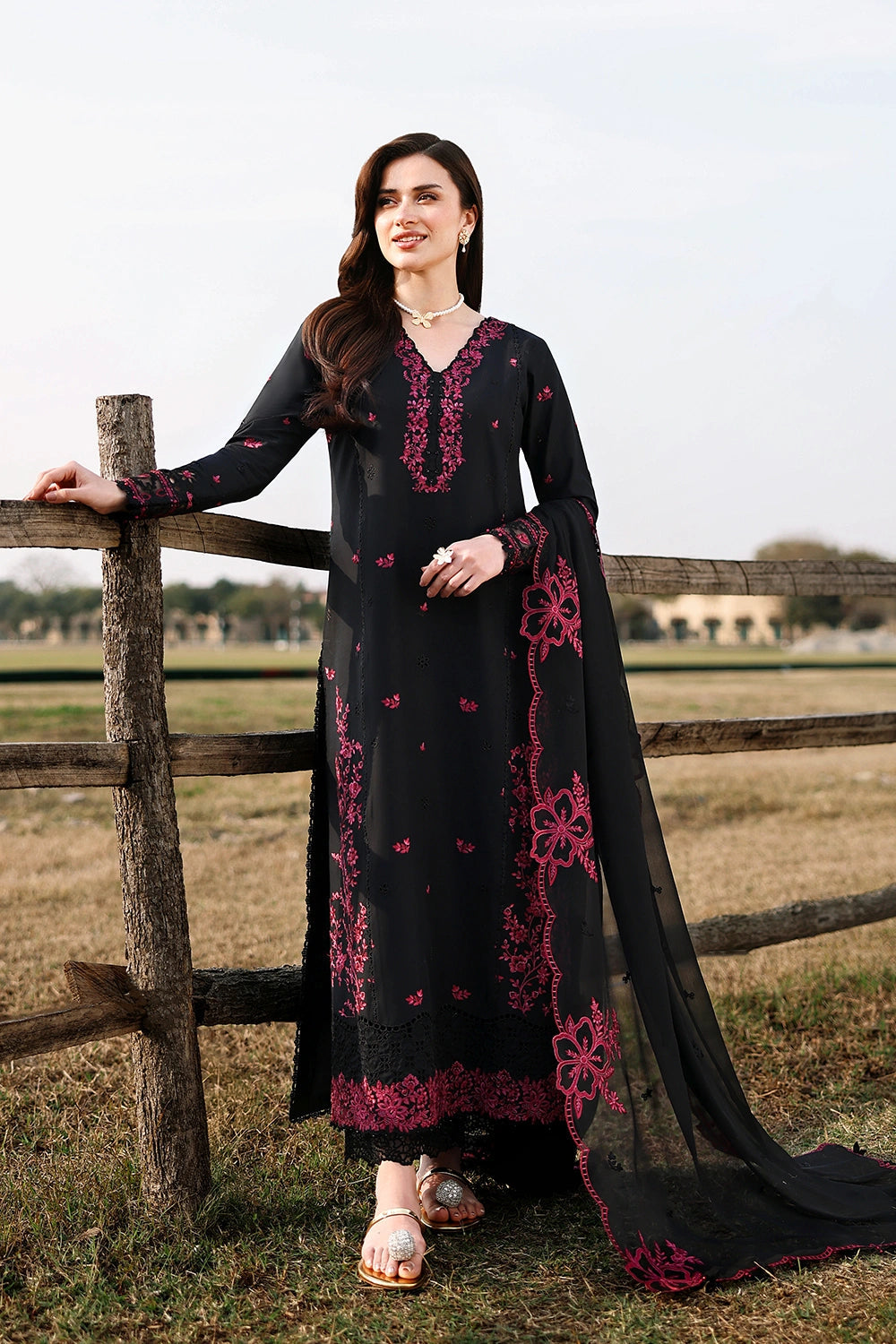3pcs Azure Black Mehroon Dhanak Embroidered