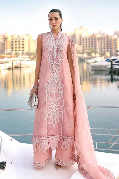 3pcs Maria B pink Center emb lawn