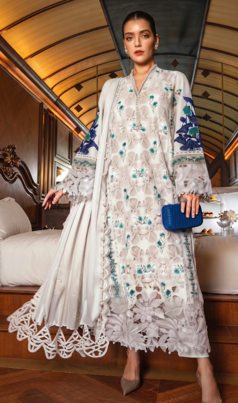 3pcs Maria B Dhanak Pure White Boring Heavy Work Dhanak Winter