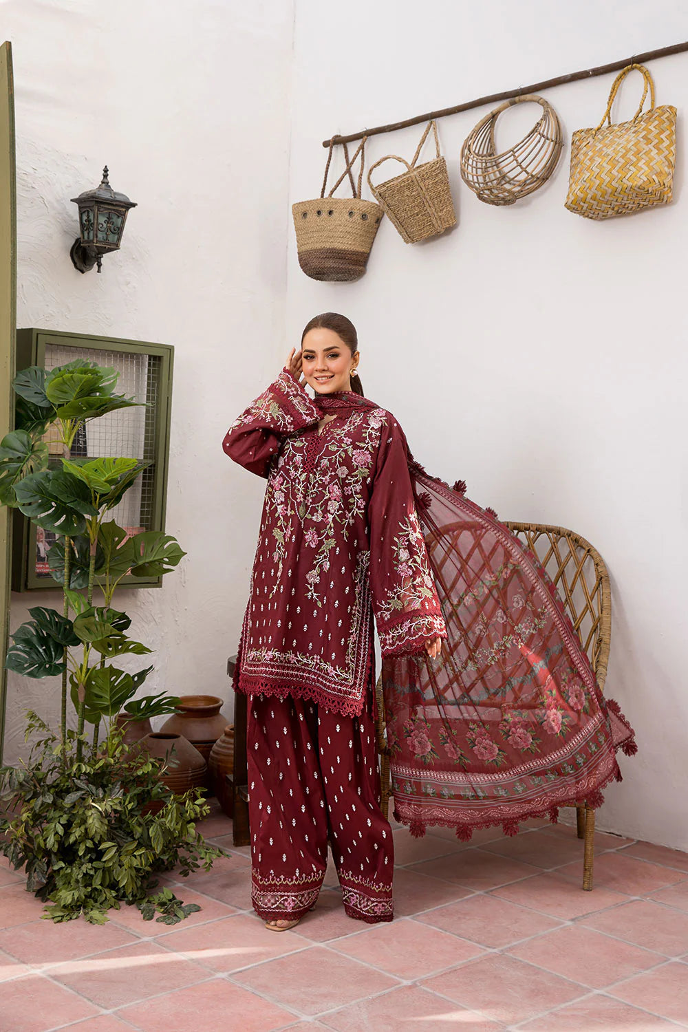 3pcs Slp Mehroon Emb lawn