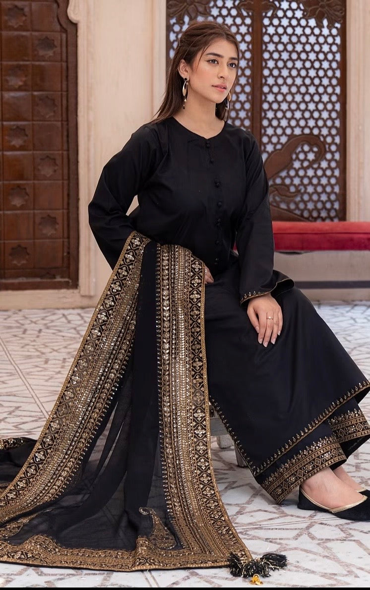 3pcs Dyot Black Golden Dhanak Embroidered