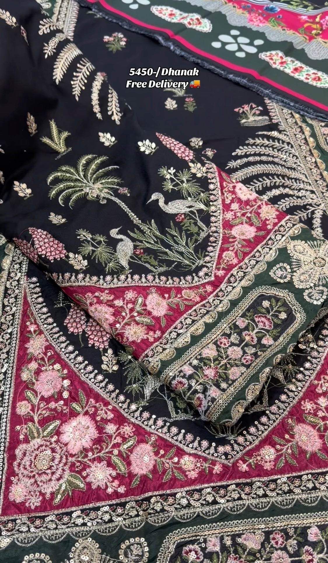 3pcs Dhanak Black Ethnic Long Kaftan Embroidered