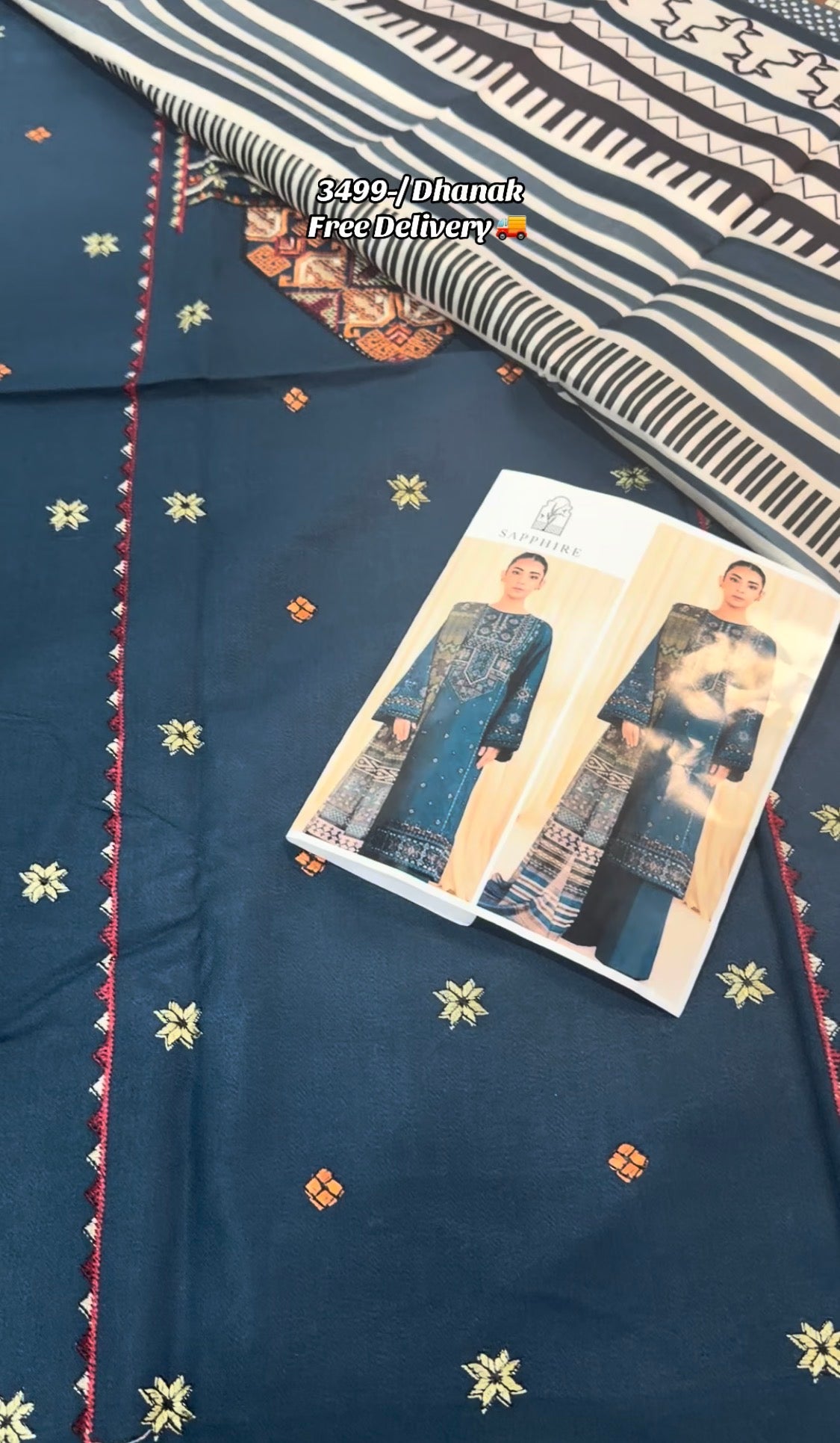 3pcs Dhanak Sapphire Royal Blue Embroidered Kashmiri