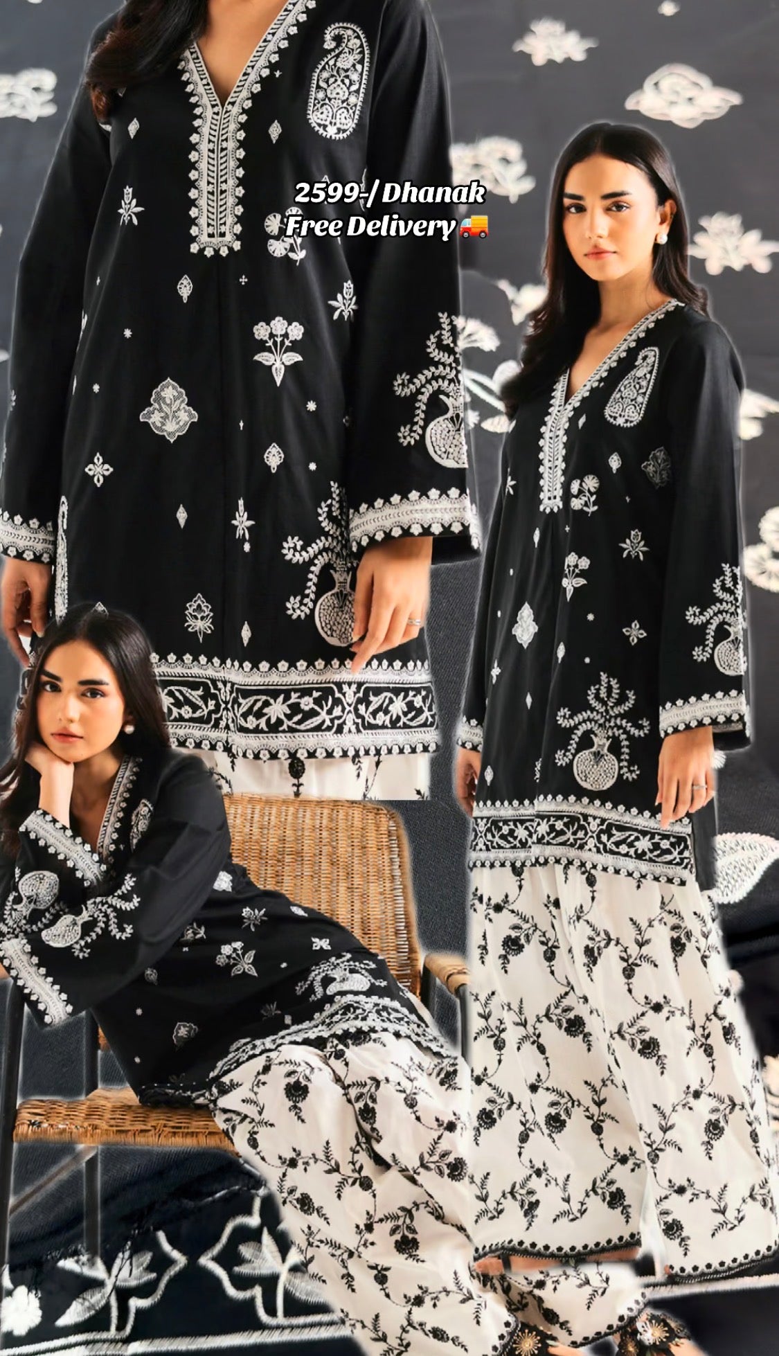 2pcs Dhanak Black White Batik Embroidered