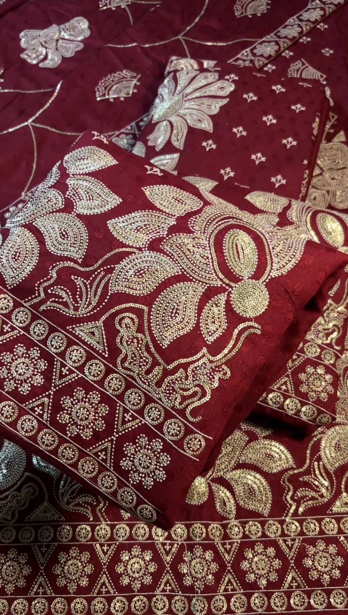 3pcs Dhanak Baroshy Mehroon Golden
