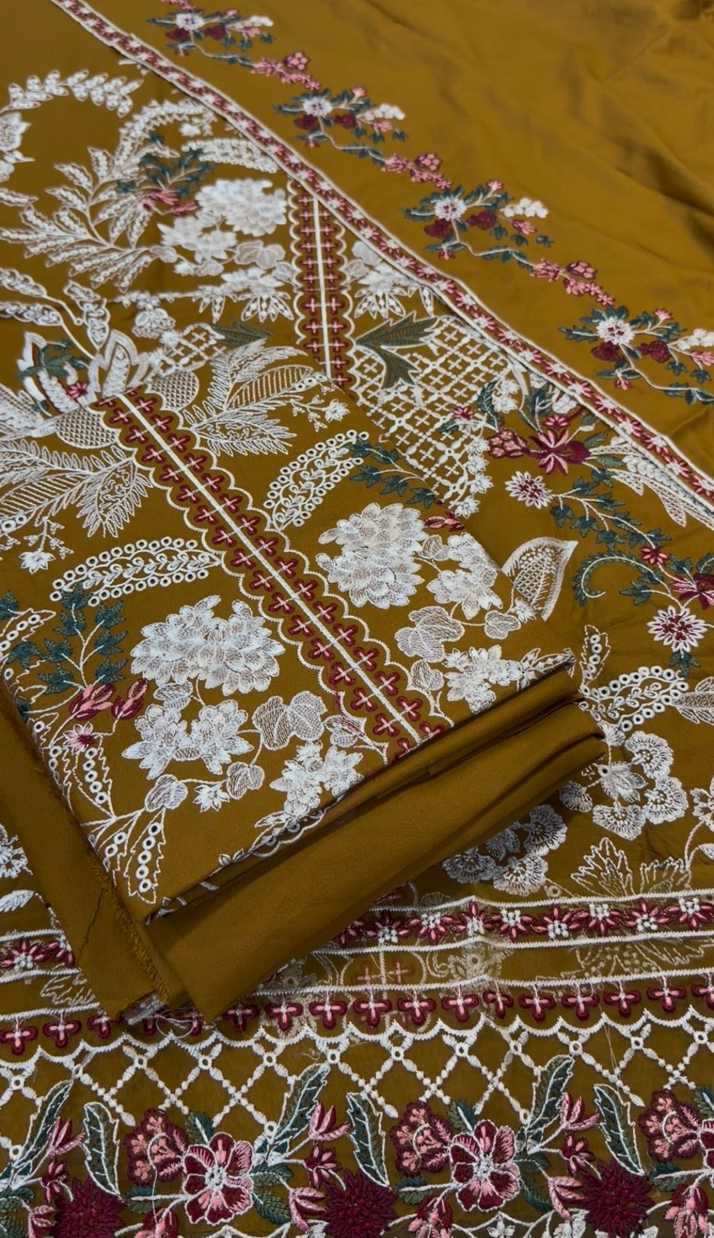 3pcs Dhanak Hussain Rehar Mustard Mehndiya Embroidered