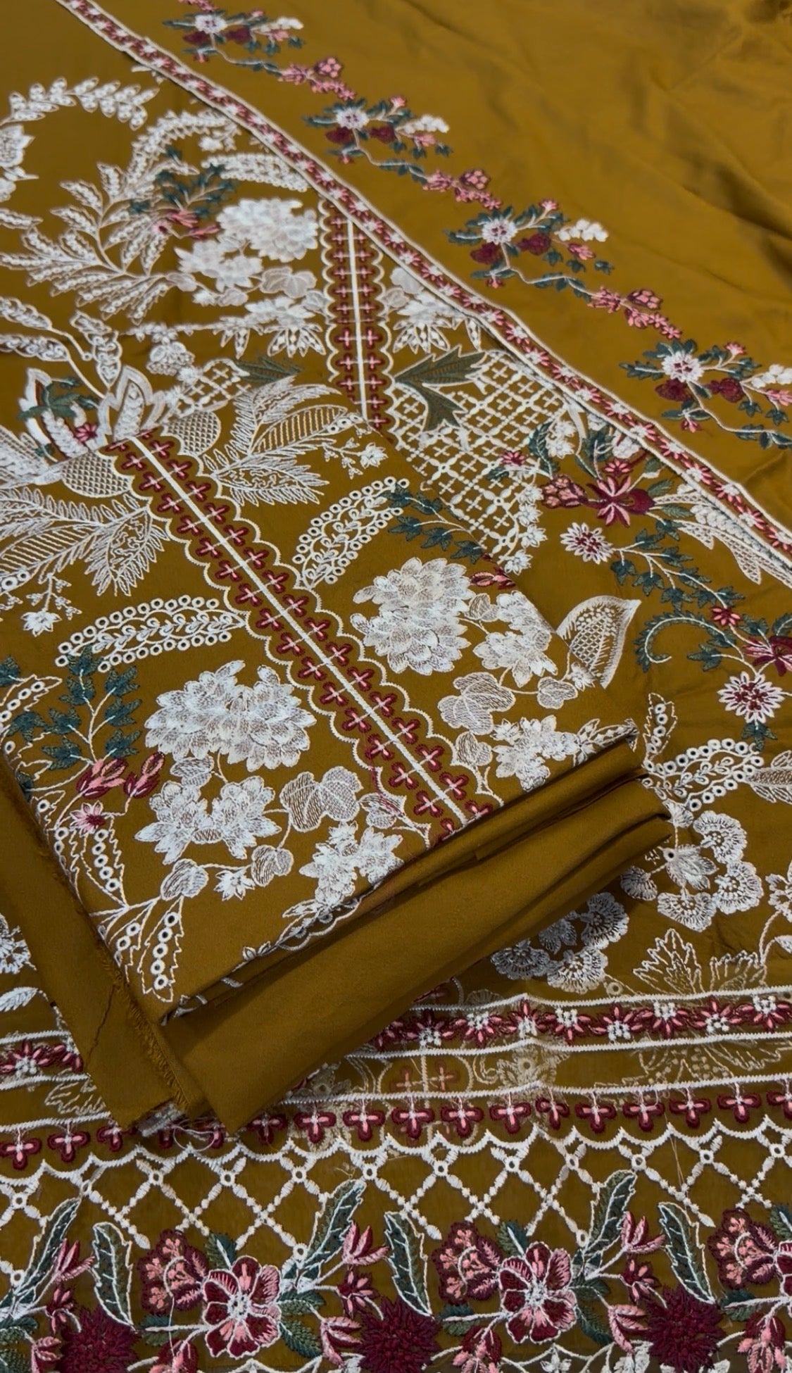 3pcs Dhanak Hussain Rehar Mustard Mehndiya Embroidered