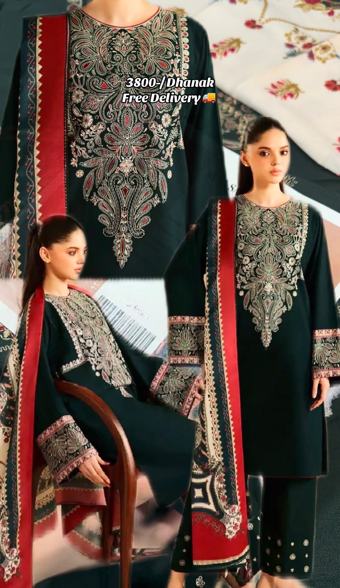 3pcs Dhanak Sana Safinaz Green Embroidered