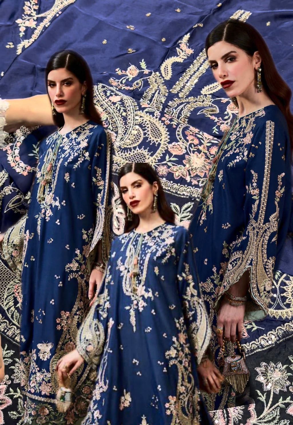 3pcs Unstich Ethnic Slit Style Embroidered Royal Blue Silk