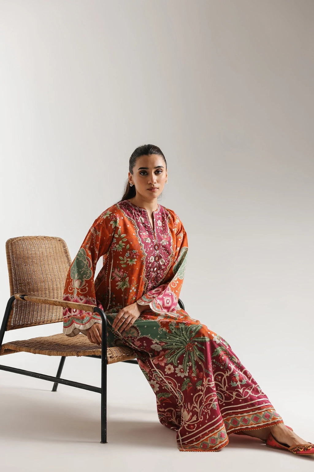2pcs Ethnic Orange Multi Silk Printed Long Kaftan