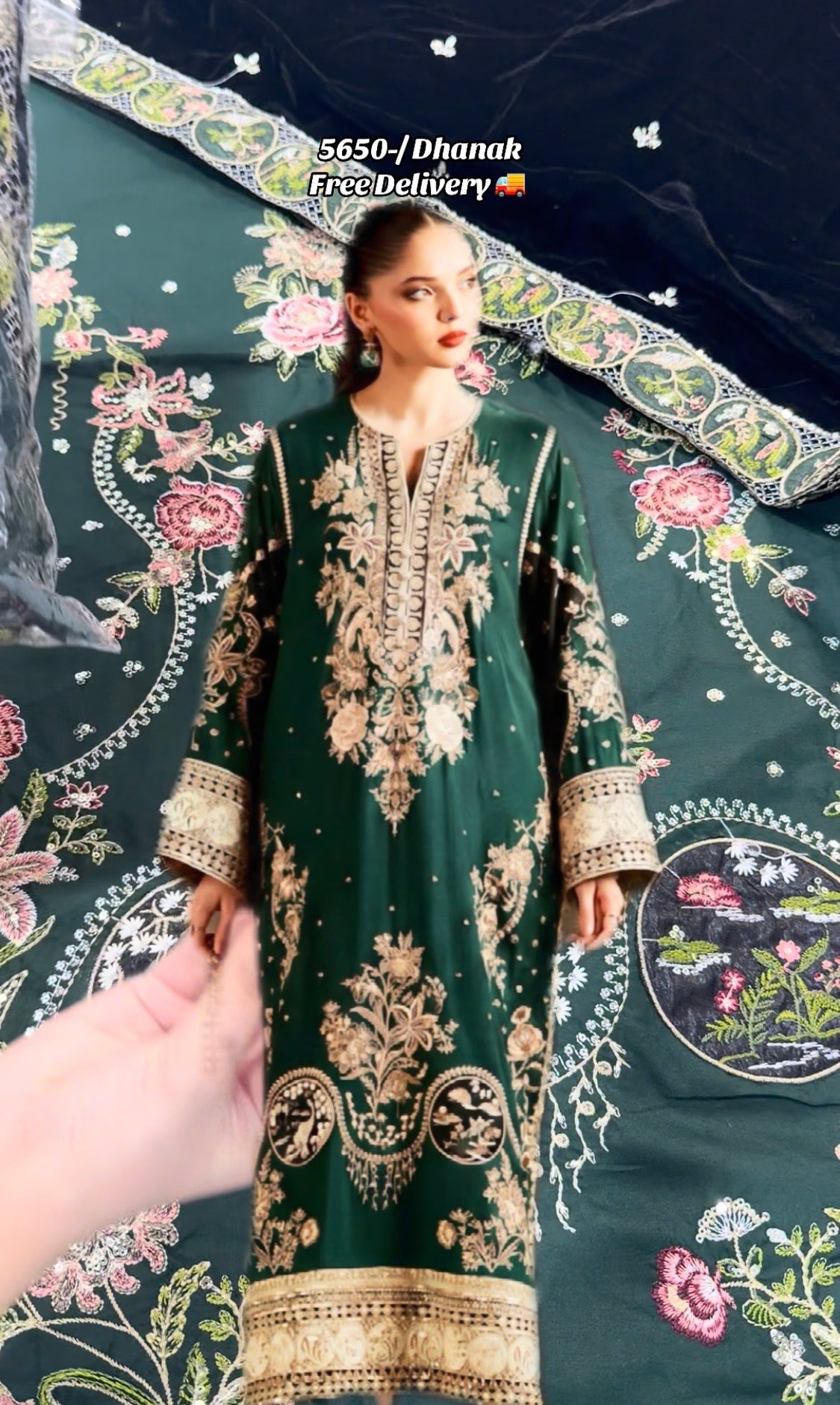 3Pcs Ethnic Bottle Green Black Embroidered Dhanak Velvet