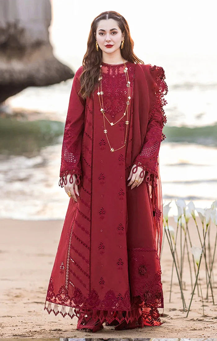 3pcs qalamkar mehroon lawn