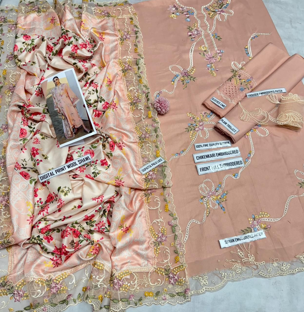 3pcs Crimson pink Dhanak Embroidery