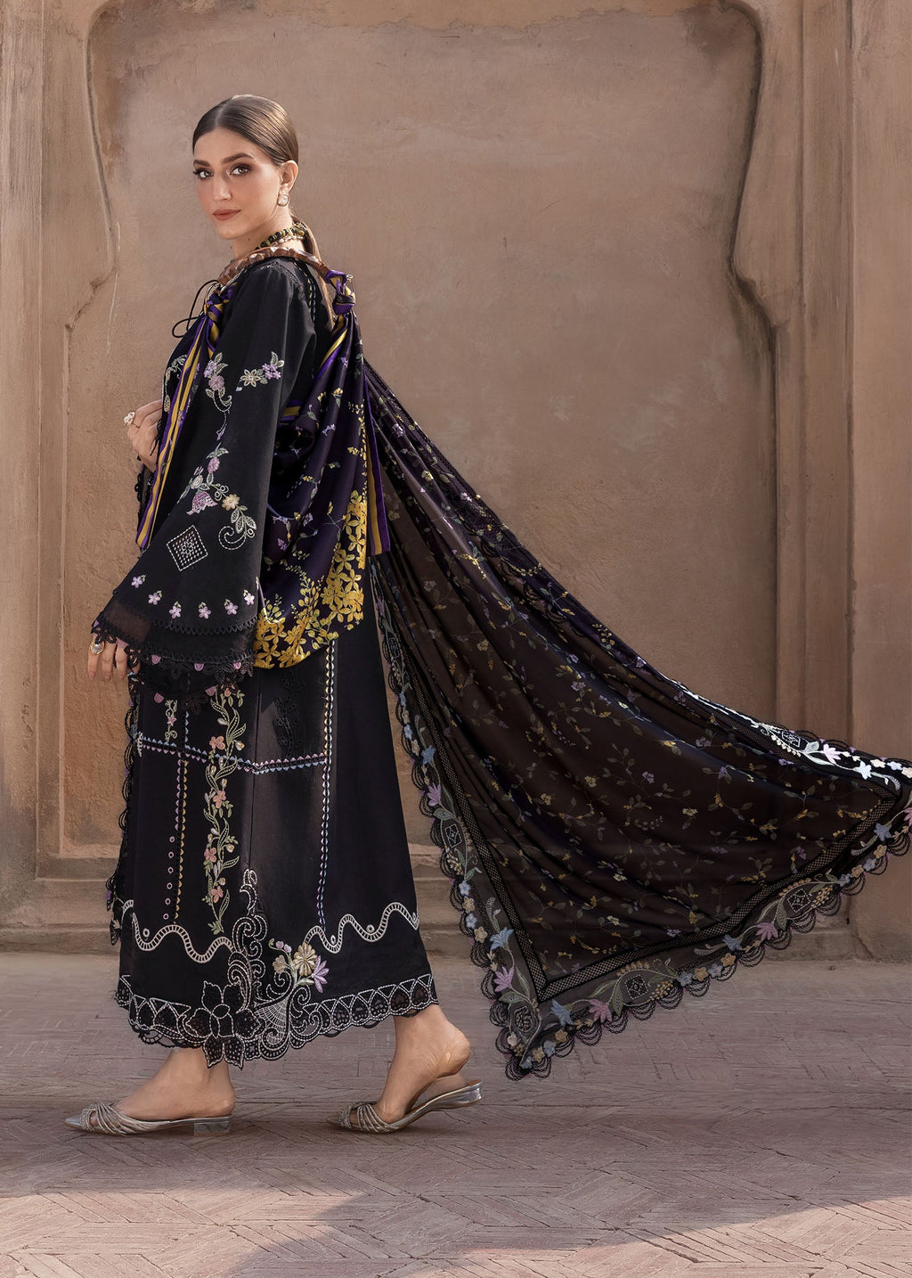 3pcs Crimson Black English Embroidered Dhanak