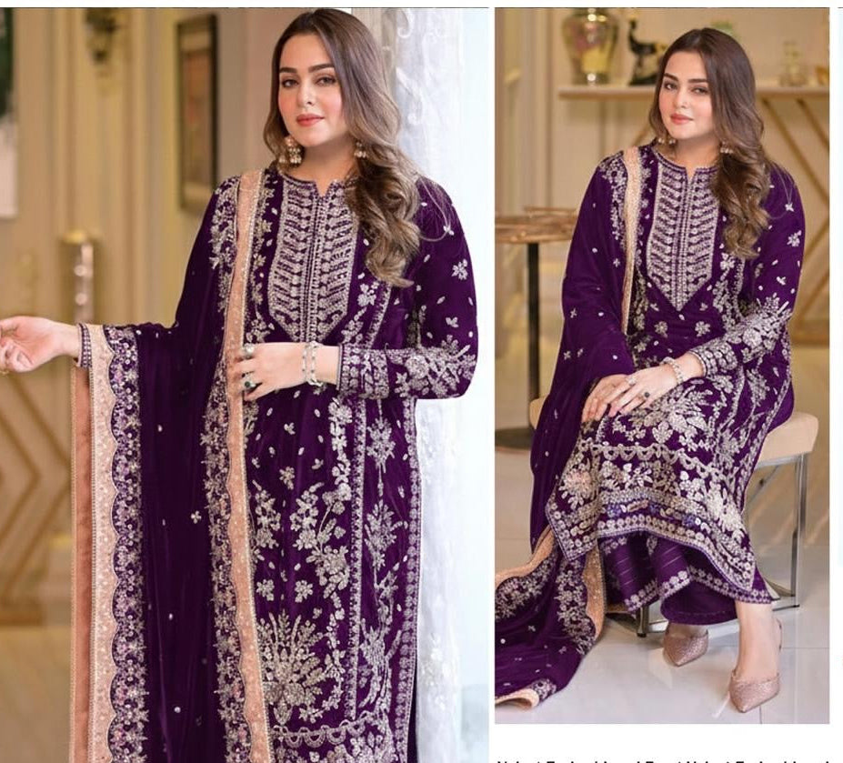 3pcs lawn Aneelas purple with peach putti dupata