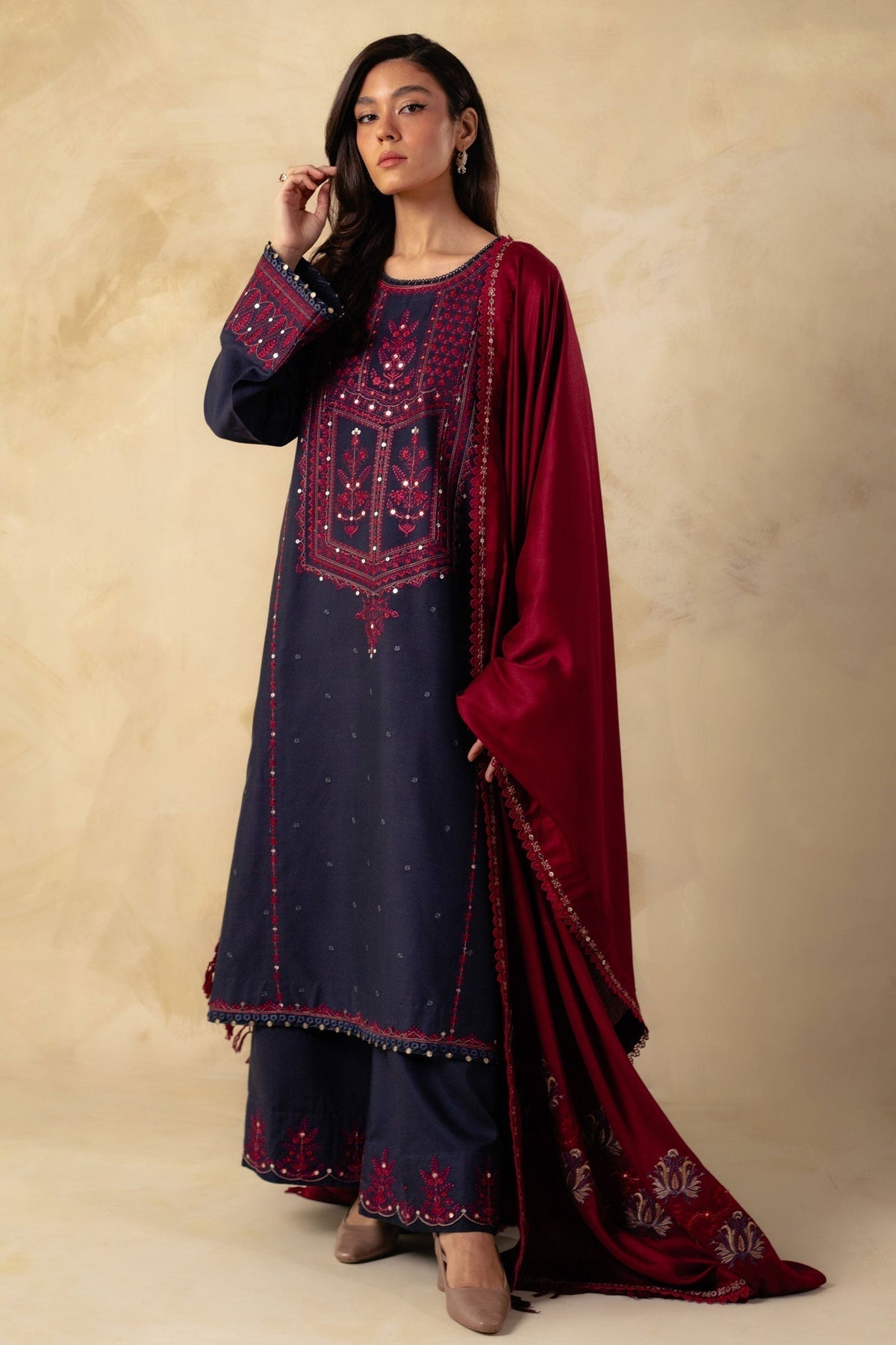 3pcs ZaraShahjhan Blue Mehroon Embroidered Dhanak