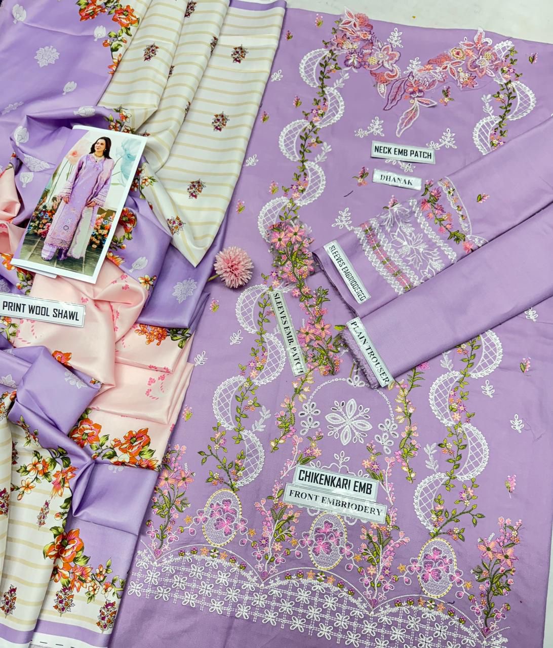 3pcs embroidery qalamkar lavender