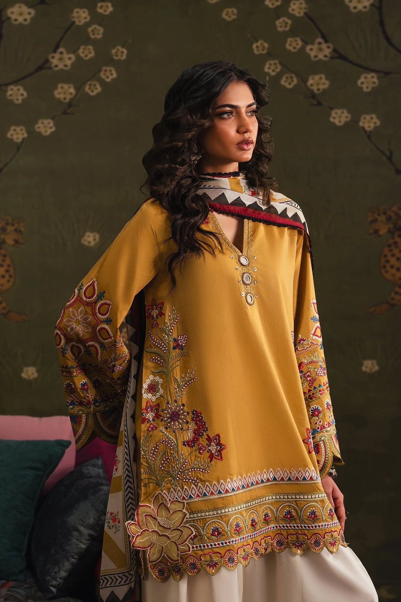 3pcs Dhanak Ethnic Yellow Mustard Embroidered