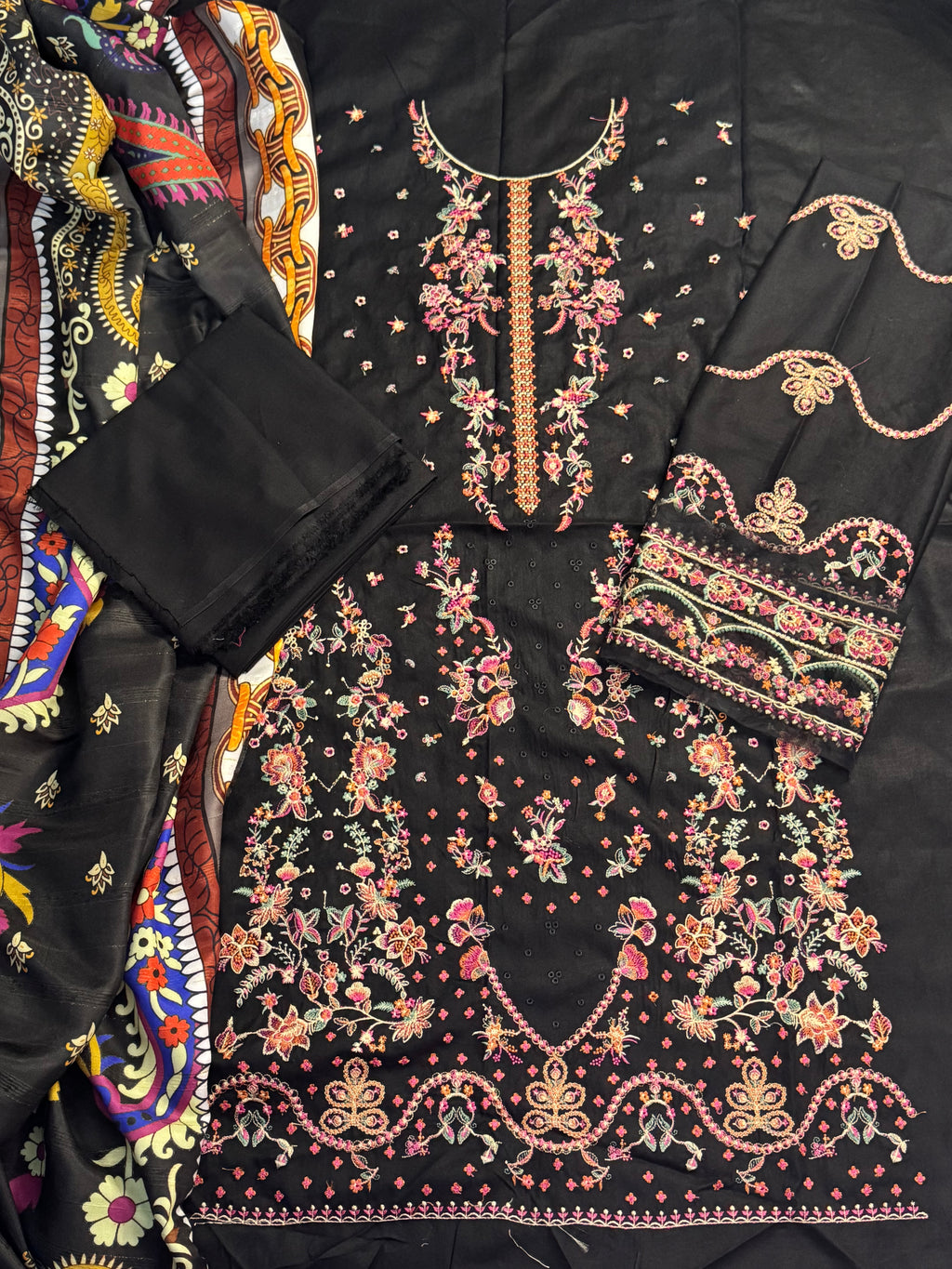 3pcs Dhanak Aneelas Collection Black with multi embroidered