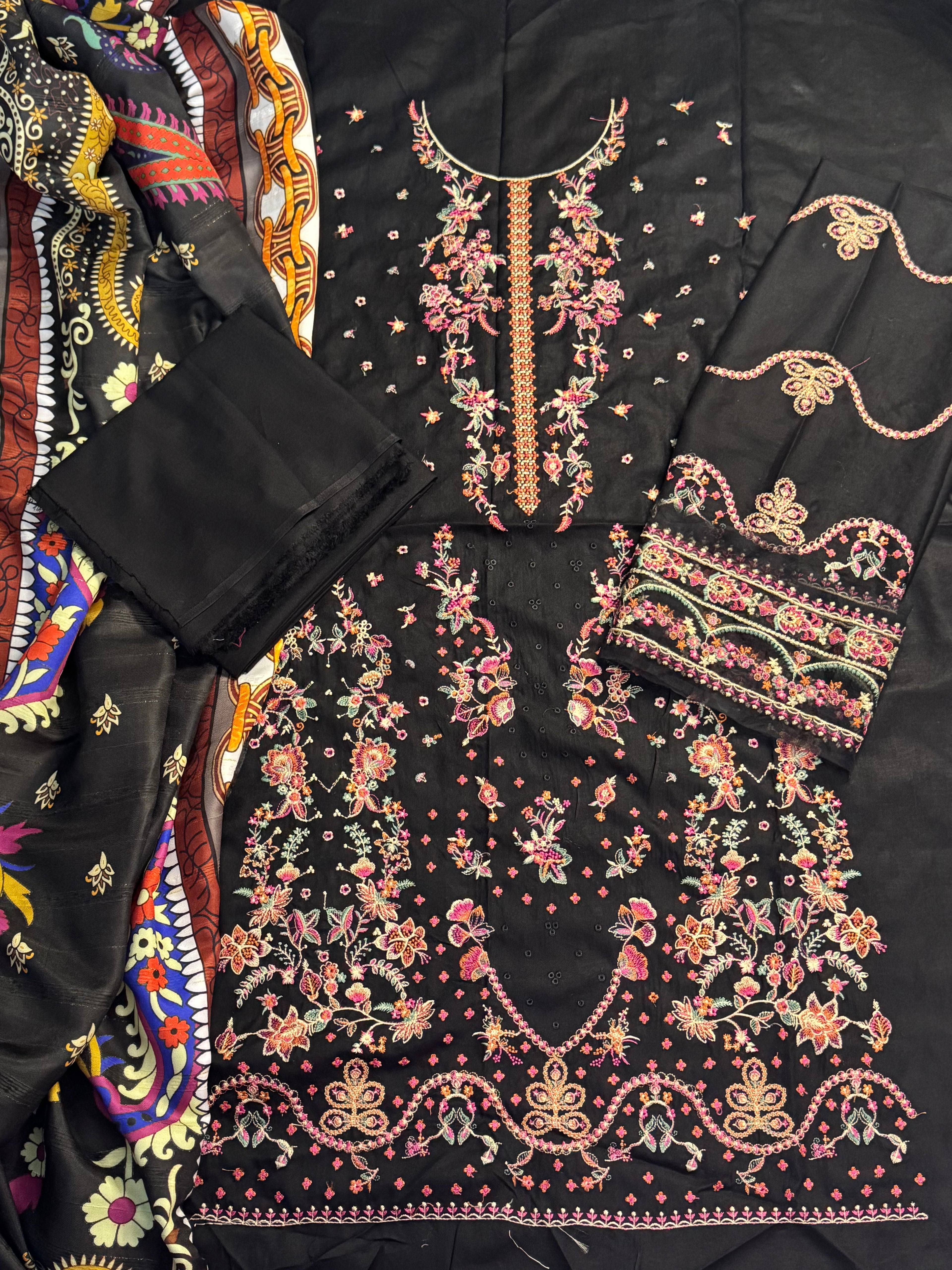 3pcs Dhanak Aneelas Collection Black with multi embroidered