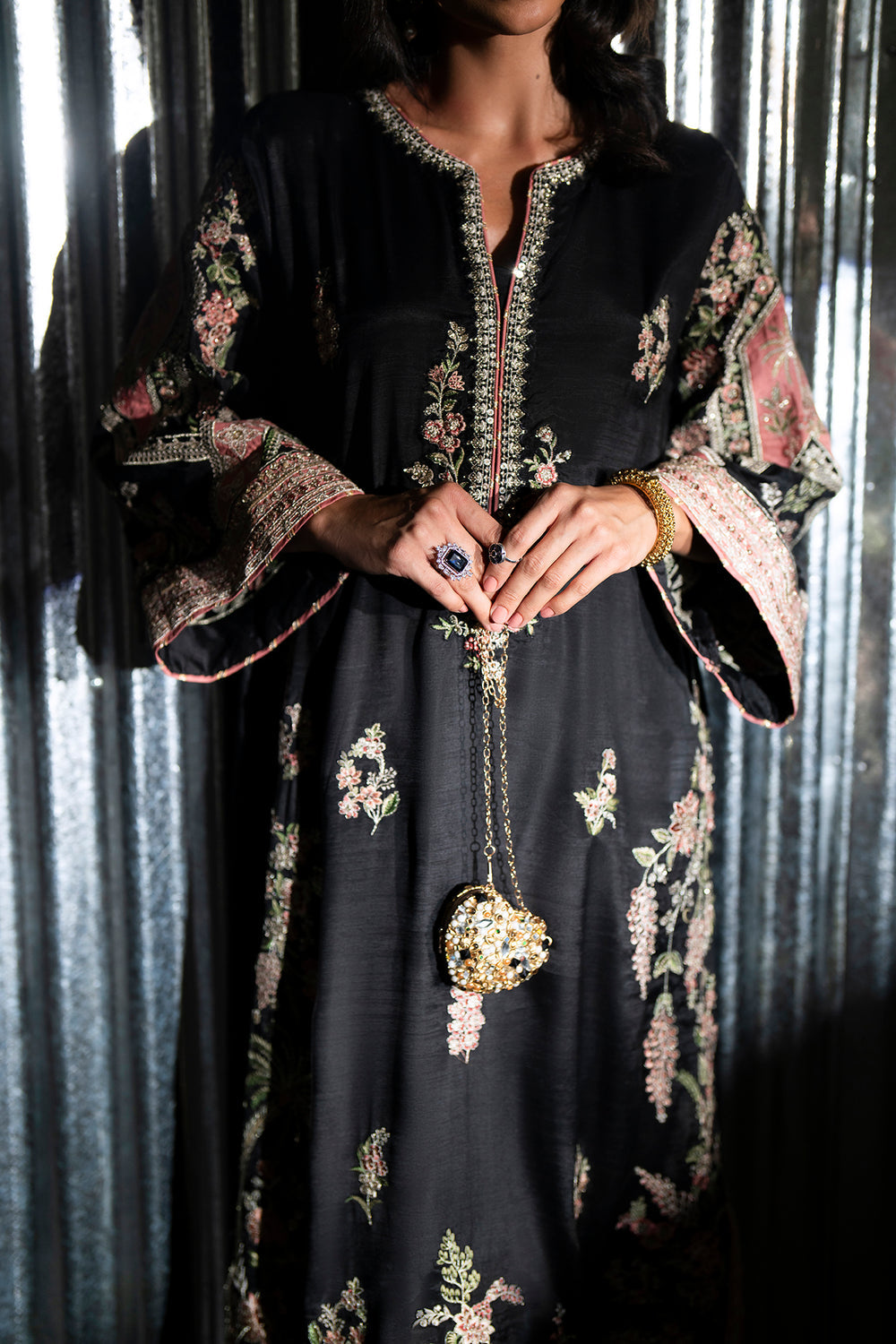 2pcs Ethnic Black Pink Embroidered Silk