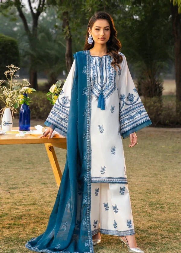3pcs Parishy White Royal Blue Embroidered Dhanak Winter