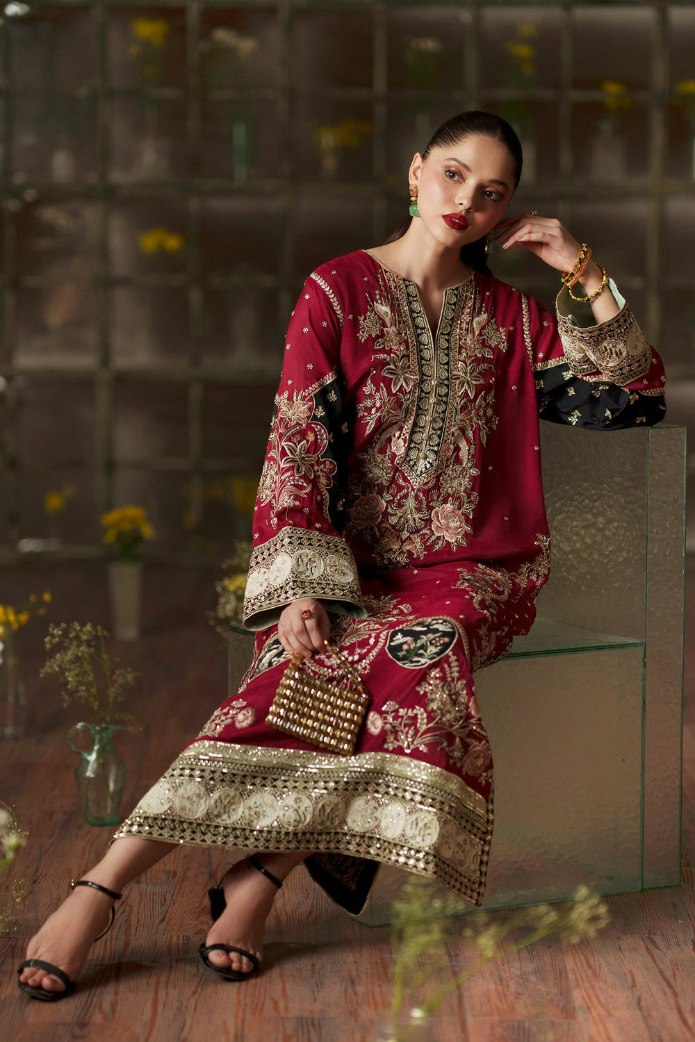 2pcs Red Black Ethnic Long Silk Kaftan