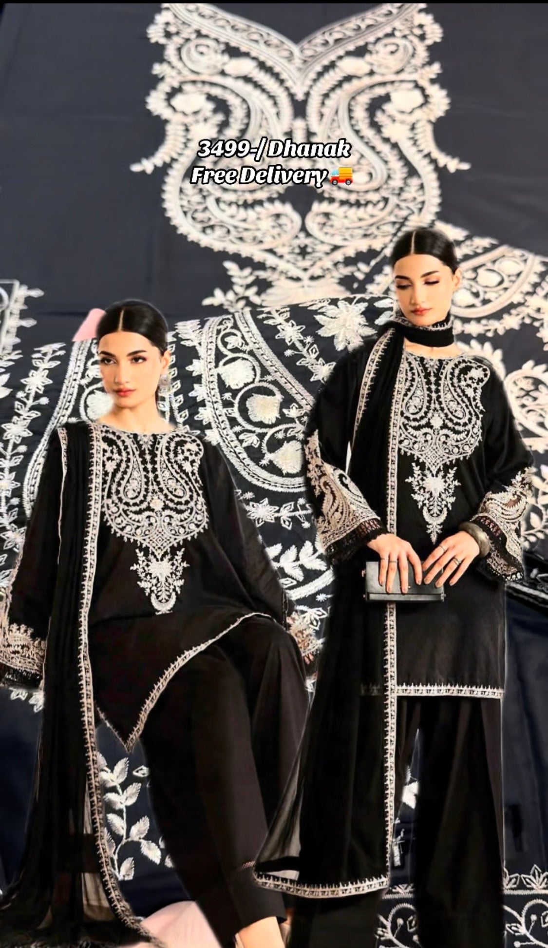 3pcs Dhanak Maria B Black Neck Embroidered